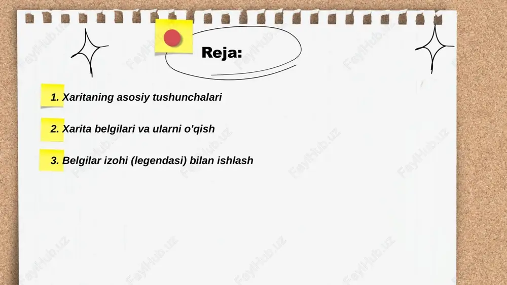 konvertatsiya: d_haqiqiy = d_xarita × k (masalan, k=200000). agar masshtab 1:200000 va xaritadagi masofa 3 cm bo'lsa, haqiqiy masofa = 3 cm × 200000 = 600000 cm = 6 km. maydon uchun masshtab faktorining kvadrati: a_haqiqiy = a_xarita × k^2. ... t.me/slaydai_bot shimol: 0°/360° yo'nalishi; qutblarga tomon. janub: 180° yo'nalishi; tropik va subtropik zonalarga tomon. sharq: 90° yo'nalishi; quyosh ertalab chiqadi. g'arb: 270° yo'nalishi; quyosh kechqurun botadi. kompas: 4 asosiy yo'nalish, 360° doira. kartografiyada 1° kenglik taxminan 111 km; uzunlik bo'yicha ekvatorda 1° ≈111 km, poluslarga yaqin kamayadi. ... t.me/slaydai_bot kompas magnit maydon asosida yo‘nalishni aniqlaydigan asbob. kompasning ko‘rsatgichi doimiy ravishda magnitshimolga qaraydi. 360 daraja aylana bo‘lib, 4 asosiy yo‘nalish: shimol (n), janub (s), g‘arb (w), sharq (e). xaritada burchaklar gradusda olinadi; kurs 0° shimol, 90° sharq, 180° janub, 270° g‘arb. kompasni tekis yuzaga qo‘yib, barqarorlashgach o‘qni o‘qish tavsiya etiladi. yaqin magnitli buyumlar kompas ko‘rsatgichini 5–10° dan ko‘proq chalg‘itishi mumkin. …