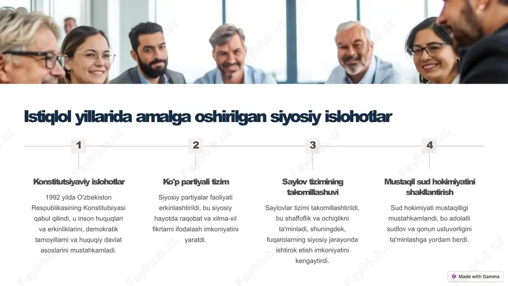 ik tarkibini mustahkamlash 1 huquqiy davlat tamoyillarini joriy etish o'zbekistonda huquqiy davlat tamoyillari mustahkamlandi, bu qonun ustuvorligini va barcha fuqarolar uchun qonun oldida tenglikni ta'minlashga yordam berdi. 2 hokimiyatning bo'linishi tamoyilini qo'llash hokimiyatning bo'linishi tamoyili amalga oshirildi, bu qonun chiqaruvchi, ijroiya va sud hokimiyatlarining mustaqilligini ta'minladi. 3 fuqarolik jamiyatining rolini oshirish fuqarolik jamiyatining jamiyatdagi roli oshdi, bu davlat boshqaruvida fuqarolarning ishtirokini kengaytirdi va shaffoflikni ta'minladi. 4 qonun ustuvorligini ta'minlash qonun ustuvorligi tamoyili joriy etildi, bu barcha fuqarolar uchun qonunlar bir xil kuchga ega ekanligini va qonunlarga amal qilinishini ta'minladi. 4 mustaqillik yillarida etnik va diniy bag'rikenglikni ta'minlash milliy va diniy tolerantlikni rivojlantirish o'zbekistonda etnik va diniy bag'rikenglik muhim ahamiyatga ega. bu mamlakatning tarixiy va madaniy xilma-xilligini aks ettiradi. diniy erkinliklarni ta'minlash o'zbekistonda barcha dinlarga hurmat bilan qaraladi va diniy erkinliklar kafolatlanadi. din va davlat alohida-alohida faoliyat olib boradi. madaniy va diniy xilma-xillikni hurmat qilish o'zbekiston xalqining etnik va diniy xilma-xilligi …