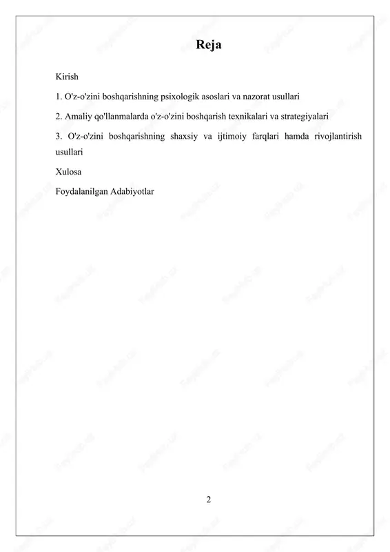 sni boshqarish bo'lib, ular insonning shaxsiy va ijtimoiy rivojlanishida muhim rol o'ynaydi. o'z-o'zini boshqarish faoliyat sifatida insonlarning hayot sifatini oshirishda muhim omil hisoblanadi. bu konsept insonlarning o'ziga bo'lgan ishonchini mustahkamlashga, muvaffaqiyatga erishish uchun motivatsiya va nazoratni ta'minlashga yordam beradi. zamonaviy dunyoda stress va raqobatning ortishi bilan, shaxsiy va ijtimoiy muvaffaqiyat uchun o'z-o'zini boshqarish qobiliyatini rivojlantirish muhim ahamiyat kasb etmoqda. amaliy jihatdan, bu konsept ta'lim muassasalarida, korporativ treninglarda, shaxsiy rivojlanish dasturlarida va psixologik yordam sohalarida keng qo'llanilmoqda. shuningdek, bu borada olib borilayotgan ilmiy tadqiqotlar va innovatsion texnologiyalar, xususan, mobil ilovalar va onlayn platformalar, odamlarning o'z-o'zini boshqarish qobiliyatlarini rivojlantirish imkoniyatlarini kengaytirmoqda. hozirgi vaqtda, o'z-o'zini boshqarish faoliyatining psixologik asoslari, nazorat usullari va amaliy texnikalari ustida keng tadqiqotlar olib borilmoqda. bu tadqiqotlarning maqsadi, shaxslarning o'z-o'zini boshqarish qobiliyatlarini qanday rivojlantirish mumkinligini aniqlash, shuningdek, ularning shaxsiy va ijtimoiy rivojlanishdagi rolini yanada chuqurroq tushunishdir. shuningdek, o'z-o'zini boshqarishning shaxsiy va ijtimoiy farqlari hamda rivojlantirish usullari ham muhim e'tibor …