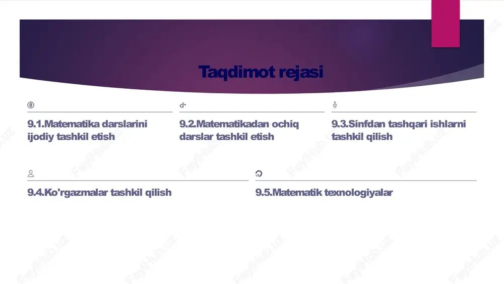 . interaktiv texnologiyalar interaktiv doska dasturlari matematik o'yinlar ilovasi virtual manipulyativlar animatsiyali tushuntirishlar zamonaviy texnologiyalar darsni yanada qiziqarli va tushunarli qiladi. 9.1.matematika darslarini ijodiy tashkil etish 5 matematik fikrlashni rivojlantirish savol berish "nega?", "qanday qilib?", "agar... bo'lsa nima bo'ladi?" kabi ochiq savollar orqali o'quvchilarning tanqidiy fikrlashini rivojlantiramiz. bu ularni chuqur o'ylashga undaydi. muammo yechish real hayotiy muammolarni matematik vositalar orqali yechish ko'nikmalarini rivojlantiramiz. bolalar turli yondashuvlarni sinab ko'rib, eng samarali yechimni topadilar. ijodiy yechimlar standart usullardan tashqari, o'quvchilarning o'zlarining yechim usullarini topishlariga rag'batlantramiz. bu ularning matematik intuitsiyasini mustahkamlaydi. 9.1.matematika darslarini ijodiy tashkil etish 6 farqli o'qish qobiliyatlariga moslashish vizual o'quvchilar diagrammalar, chizmalar, rangli grafiklar va vizual modellar auditiv o'quvchilar og'zaki tushuntirishlar, qo'shiq va ritm orqali o'rganish kinestetik o'quvchilar amaliy mashg'ulotlar, harakat va sensorli tajribalar ijtimoiy o'quvchilar guruh ishi, muhokamalar va hamkorlikda o'rganish 9.1.matematika darslarini ijodiy tashkil etish 7 ochiq darslarning maqsadi va ahamiyati ochiq darsning maqsadlari o'qituvchi tajribasini baham ko'rish …