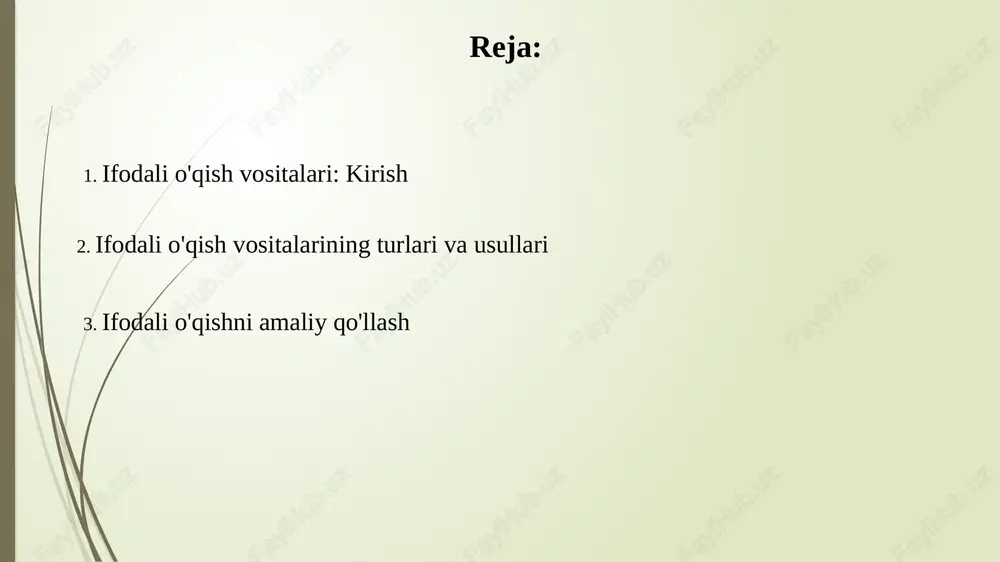 siz bo'ladi. intonatsiya va ohang intonatsiya – bu nutqning 3 asosiy elementini (balandlik, davomiylik, intensivlik) o‘zgartirib, ma’noni ochish, masalan, savol ohangini yaratish uchun ishlatiladigan 4 xil ohang naqshidir. ohang, odatda, intonatsiya bilan birga keladi va ma’noni chuqurlashtirishga xizmat qiladi; 7 xildagi hissiy holatlarni ifodalashi mumkin, masalan, kinoya yoki qat’iylik kabi nuanceslarni bildiradi. pauza va ritm pauza tinglovchilarga ma'lumotni qayta ishlashga imkon beradi, muhim fikrlardan keyin 1-2 soniya davomida pauza qo'yish xabarni ta'kidlashga yordam beradi. ritmdagi o'zgarishlar, masalan, tezroq yoki sekinroq gapirish, diqqatni jalb qiladi va hikoyaning 3 qismini yanada jozibali qiladi. mimika va imo-ishoralar mimika, yuz mushaklarining harakati, 55% dan ortiq vizual aloqani tashkil etadi. kulgi, qoshlarni ko'tarish va lablarni burishtirish kabi ifodalar ma'noni kuchaytiradi. imo-ishoralar, qo'llar va tananing harakatlari, matnni tushuntirish uchun ishlatiladi. masalan, 'katta' so'zini aytganda qo'llarni keng ochish tushunchani vizuallashtiradi. ko'z bilan aloqa ko'z bilan aloqa, '3 soniya qoidasi' asosida, tinglovchilar e'tiborini ushlab turish uchun har bir …