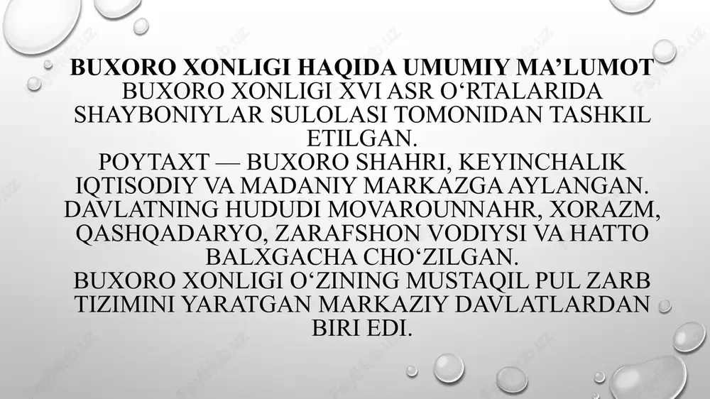 “tanga”, mis “pul” deb atalgan. • har bir tanga o‘z og‘irligiga ko‘ra belgilangan qiymatga ega bo‘lgan. tanga turlari buxoro xonligida uch asosiy turdagi tangalar muomalada bo‘lgan: 1. oltin tangalar (tillo) – yuqori savdolar va diplomatik sovg‘alar uchun. 2. kumush tangalar (tanga yoki dirham) – asosiy muomalaviy birlik. 3. mis tangalar (pul yoki fulus) – kundalik mayda savdolar uchun. tangalar orasidagi nisbat qat’iy belgilangan bo‘lib, masalan, 1 tillo = 50 tanga = 500 pul. tangalar yozuvlari va naqshlari tangalar ustida: • xon yoki amirning nomi • zarb joyi (ko‘pincha “zarb buxoroda”) • hijriy yil • “alloh yordamchimiz” yoki “sulton adolatli” kabi iboralar yozilgan. naqshlar islomiy bezaklar va arab harflaridan tashkil topgan bo‘lib, estetik va diniy ma’noga ega edi. tangalar zarb etish markazlari buxoro xonligida asosiy zarbxonalar quyidagicha edi: • buxoro – markaziy zarbxona • samarqand, shahrisabz, qarshi, termiz, balx har bir viloyat markazida xon nomidan tanga zarb etilgan, lekin dizayn yagona …