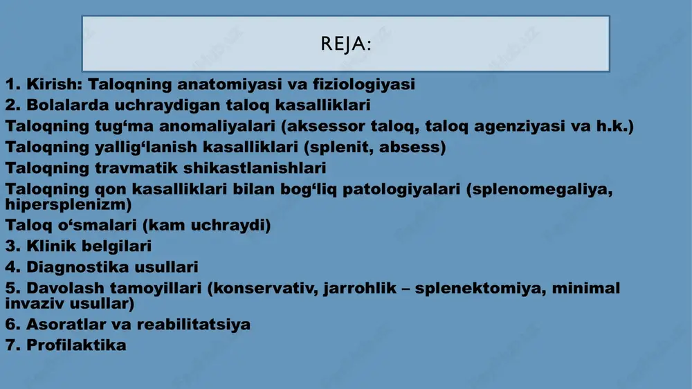 sman rezektsiya juda og‘ir holatda – splenektomiya (faqat hayotiy ko‘rsatmada) 2. splenomegaliya (talog‘ning kattalashishi) sabablari: infeksion kasalliklar: mononukleoz, bezgak, sepsis, brutselloz qon kasalliklari: leykozlar, anemiyalar, gemolitik sindromlar portal gipertenziya (jigar kasalliklari fonida) klinik belgilari: chap qovurg‘a ostida og‘irlik va og‘riq qorin shishishi, tez to‘yish (oshqozonga bosim) qon kasalliklari belgilari (blegiylik, qon ketishga moyillik) diagnostika: palpatsiya → kattalashgan taloq seziladi uzi – taloqning aniq hajmi qon tahlillari – asosiy kasallikka qarab o‘zgaradi davolash: asosiy sababni bartaraf etish (infeksiyani davolash, qon kasalligini korreksiya qilish) simptomatik davolash juda og‘ir hipersplenizm rivojlansa → splenektomiya 3. hipersplenizm patogenez: kattalashgan taloq ko‘p miqdorda qizil va oq qon hujayralarini, shuningdek trombotsitlarni yo‘q qiladi. natijada qon elementlari kamayib ketadi → pansitopeniya (eritrotsit, leykotsit va trombotsit kamayishi). klinik belgilari: anemiya (holsizlik, oqarib ketish) qon ketishga moyillik (burundan qon ketishi, gematomalar) infeksiyalarga tez chalinish (leykotsit kamayganidan) qorin chap qismida og‘irlik va kattalashgan taloq diagnostika: umumiy qon tahlili – eritrotsit, leykotsit, …