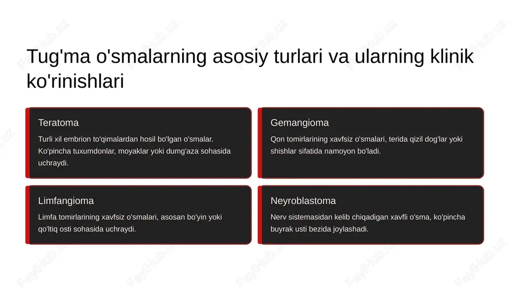 di. simptomlari retinoblastoma dastlab hech qanday alomat bermaydi. kam hollarda tashxis oddiy ko‘z tekshiruvi chog‘ida qo‘yilishi mumkin. 3 yoshgacha bo‘lgan bolalarning 75% ida retinoblastomaga xos belgilar – leykokoriya (qorachiqda oq yorqinlik) va (strabizm) hisoblanadi. retinoblastomadan shubha qilinganda, albatta, kompleks tekshiruvdan o‘tish zarur. bolalarni yangi o‘sma (neoplazma)larni o‘tkazib yubormaslik uchun umumiy narkoz (anesteziya) ostida ko‘zdan kechirish tavsiya etiladi. retinoblastomani davolashning asosiy usuli kimyoterapiyadir. davolashdagi maqsad – kimyoterapiya yordamida o‘smalarni kichraytirish (ximioreduktsiya) va keyinchalik mahalliy davolash usullari yordamida ularni butunlay yo‘q qilishdir. mahalliy usullarga quyidagilar kiradi: • krioterapiya – o‘smalarni muzlatib yo‘q qilish. • termoterapiya – lazer yordamida o‘smalarni qizdirib yo‘q qilish. • radioaktiv plastinka – ko‘zga mahalliy joylashtiriladigan nurlantirish usuli (lokal radioterapiya). bundan tashqari, ayrim hollarda masofaviy nur terapiyasi, enukleatsiya (ko‘zni olib tashlash) va ekzenteratsiya qo‘llanilishi mumkin. retinoblastomani davolashning ideal usuli: • o‘smalarni tezda yo‘q qilishi, • ko‘zni va ko‘rishni saqlab qolishi, • hayot uchun xavf tug‘dirmasligi, • ko‘z va yuz …