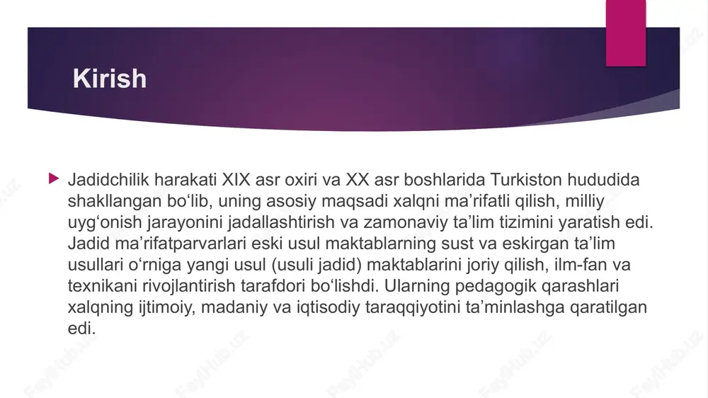 lliy qadriyatlar asosida yo‘lga qo‘yish. zamonaviylik – ilg‘or yevropa va rossiya pedagogik tajribalaridan foydalanish. amaliylik – nazariy bilim bilan birga kasbiy va hayotiy ko‘nikmalarni o‘rgatish. barcha uchun ta’lim – erkaklar bilan bir qatorda ayollar ta’limiga ham e’tibor qaratish. xulosa jadid ma’rifatparvarlari turkiston ta’lim tizimiga jiddiy o‘zgarishlar olib kirdi. ularning pedagogik qarashlari xalqning ma’rifatlanishiga, yangi avlodning shakllanishiga katta hissa qo‘shdi. bugungi kunda ham jadidlarning ilg‘or pedagogik tamoyillari dolzarbligini yo‘qotmagan bo‘lib, milliy ta’lim tizimimizda muhim o‘rin tutmoqda. image1.jpeg image2.jpeg image3.jpeg image4.jpeg /docprops/thumbnail.jpeg