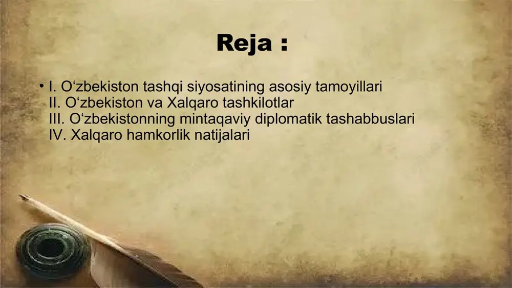 ini ta’minlash tashabbuslari, yoshlar va gender tenglik masalalarida ilg‘or g‘oyalar bilan chiqdi. bmt bilan hamkorlik barqaror rivojlanish maqsadlariga erishishda muhim ahamiyat kasb etmoqda o‘zbekiston va yevropa ittifoqi o‘zbekiston yei bilan ham iqtisodiy va siyosiy sohalarda keng qamrovli hamkorlik aloqalarini olib bormoqda. 1996-yilda “hamkorlik va sheriklik to‘g‘risida bitim” imzolandi. yei o‘zbekiston iqtisodiyotiga sarmoya kiritish, energiya samaradorligini oshirish, ta’lim va ekologiya sohalarida qo‘llab-quvvatlash bilan shug‘ullanadi. yei bilan hamkorlik o‘zbekistonning modernizatsiya jarayoniga katta hissa qo‘shmoqda. o‘zbekiston va yevropada xavfsizlik va hamkorlik tashkiloti (yxht) yxht bilan hamkorlik o‘zbekiston uchun siyosiy islohotlar, inson huquqlarini himoya qilish va saylov tizimini takomillashtirishda muhim ahamiyat kasb etadi. o‘zbekiston 1992-yildan buyon yxhtning faol a’zosi bo‘lib, tashkilotning mintaqaviy xavfsizlikni ta’minlashdagi tashabbuslarini qo‘llab-quvvatlab kelmoqda. yxht o‘zbekistonda demokratik jarayonlarni rivojlantirishga ko‘maklashmoqda. o‘zbekiston va mustaqil davlatlar hamdo‘stligi (mdh) o‘zbekiston mdhning asoschi davlatlaridan biridir. hamdo‘stlik doirasidagi hamkorlik iqtisodiy, transport, madaniy va xavfsizlik sohalarida olib boriladi. mdh doirasida bojxona, transport, ta’lim va fan yo‘nalishlarida hamkorlik …