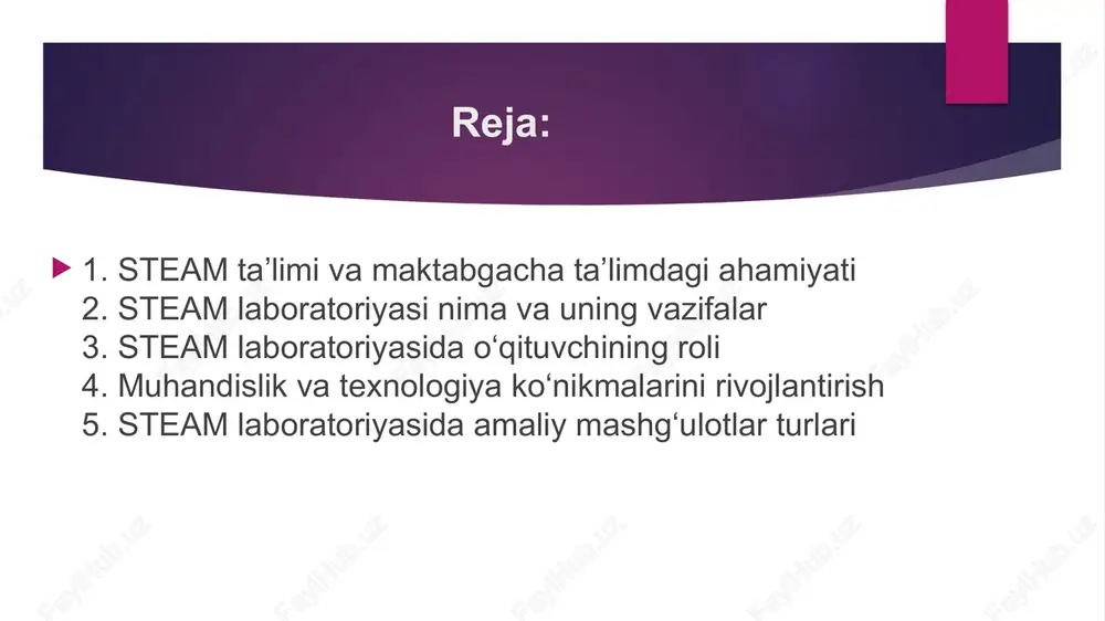 iz va qiziqarli bo‘lishi lozim. u yerda rang-barang, o‘yin shaklidagi o‘quv vositalari, ergonomik mebellar va jozibali dekoratsiyalar bo‘lishi zarur. muhit bolalarni eksperiment qilishga, savol berishga, xatolardan o‘rganishga va jamoaviy ishlashga rag‘batlantiradi. bu esa bolalarning mustaqil fikrlashini va ijodkorligini oshiradi. steam laboratoriyasida o‘qituvchining roli o‘qituvchi steam laboratoriyasida yo‘l ko‘rsatuvchi, motivator va hamkor sifatida faoliyat yuritadi. u bolalarni eksperimentlar o‘tkazishga, o‘z g‘oyalarini ifoda etishga, xatolardan saboq olishga rag‘batlantiradi. shuningdek, o‘qituvchi xavfsizlik qoidalarini o‘rgatib, har bir bolaning individual ehtiyojlarini hisobga oladi. o‘qituvchi darslarni qiziqarli va interaktiv tarzda tashkil qiladi. steam laboratoriyasining o‘quv dasturiga integratsiyasi steam laboratoriyasi maktabgacha ta’lim dasturiga moslashtirilgan holda ishlab chiqilishi lozim. bu yerda fan, texnologiya, san’at va matematika elementlari bolalarning yoshiga va qobiliyatlariga moslashtirilgan topshiriqlar orqali o‘rgatiladi. darslar loyihalar va amaliy mashg‘ulotlar asosida tashkil qilinib, bolalarda mustaqil fikrlash va ijodiy yondashuv shakllanadi. bolalarda ilmiy dunyoqarashni shakllantirish steam laboratoriyasida o‘tkaziladigan faoliyatlar bolalarda tabiiy fanlarga qiziqishni uyg‘otadi va ilmiy dunyoqarashni rivojlantiradi. masalan, …