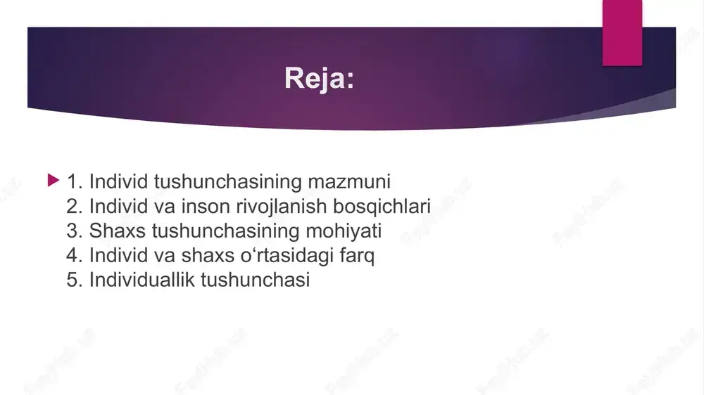 ga, axloqiy qadriyatlariga ega bo‘lgan ijtimoiy mavjudotdir. har bir shaxs jamiyatdagi me’yor va qadriyatlarga muvofiq ravishda shakllanadi. shu sababli, shaxs faqat ijtimoiy muhitda rivojlanadi. shaxsning shakllanishida oila, ta’lim, muhit, ijtimoiy tajriba va muloqot asosiy omillar hisoblanadi. shaxsning asosiy belgilar shaxsga xos belgilar — bu o‘zini anglash, maqsad qo‘yish, mas’uliyat hissi, axloqiy qarashlar va ijtimoiy moslashuv qobiliyatidir. shaxs o‘z xatti-harakatlarini ongli ravishda boshqaradi, qaror qabul qiladi va jamiyat manfaatini hisobga oladi. shu jihatdan, shaxs faqat biologik mavjudot emas, balki ijtimoiy faol sub’ektdir. har bir shaxs o‘z individual qobiliyatlari, his-tuyg‘ulari va dunyoqarashi bilan boshqalardan farq qiladi. shaxs shakllanishining bosqichlari psixologlar fikricha, shaxs shakllanishi bolalikdan boshlanadi. dastlab bola o‘zini “men” sifatida anglay boshlaydi, keyinchalik ijtimoiy qoidalarga moslashadi. o‘smirlik davrida mustaqil fikr, hayotiy pozitsiya va qadriyatlar tizimi shakllanadi. yetuklik davrida esa shaxsning ijtimoiy faoliyati kuchayadi, u jamiyatda o‘z o‘rnini topadi. shu tariqa, shaxsning rivojlanishi uzluksiz jarayon bo‘lib, u hayot davomida takomillashib boradi. individ va …