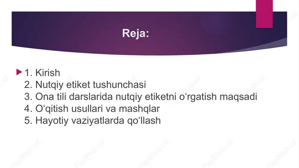 ardan o‘rinli foydalanish orqali o‘qituvchi o‘quvchilarga nutqiy etiketni amalda ko‘rsatadi. bu usul o‘quvchilarda madaniyatli muloqot ko‘nikmalarini shakllantiradi. o‘qitish usullari va mashqlar nutqiy etiketni o‘rgatishda quyidagi metodlardan foydalanish samarali: rol o‘yinlari — o‘quvchilar salomlashish, uzr so‘rash, tabriklash holatlarida ishtirok etadilar. dialog tuzish mashqlari — o‘quvchilar ikki kishilik suhbatlarda etiket so‘zlarni qo‘llashni o‘rganadilar. audio-video misollar — real hayotiy muloqotlarni tahlil qilish orqali nutqiy etiketni anglaydilar. boshlang‘ich sinflarda nutqiy etiketni shakllantirish boshlang‘ich sinflarda nutqiy etiket so‘zlarni o‘rgatish o‘quvchilarda odobli muloqot, hurmatli muomala va axloqiy tarbiya asoslarini yaratadi. darslarda salomlashuv, rahmat aytish, uzr so‘rash kabi oddiy holatlar amaliy mashqlar orqali o‘rgatiladi. hayotiy vaziyatlarda qo‘llash o‘quvchilar o‘rganilgan etiket so‘zlarni darsda, uyda va jamoat joylarida amalda qo‘llashni o‘rganadilar. masalan: > “assalomu alaykum, ustoz.” “rahmat, dars juda qiziqarli bo‘ldi.” bunday iboralar ularning madaniyatli va odobli shaxs sifatida shakllanishiga yordam beradi. milliy qadriyatlar bilan bog‘liqligi o‘zbek xalqining boy madaniy merosi nutqiy etiket so‘zlarda o‘z ifodasini topgan. “assalomu alaykum”, …