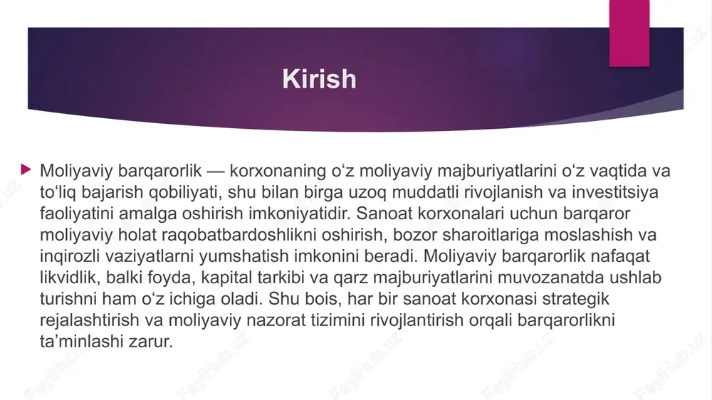 o‘rish imkonini beradi. moliyaviy nazorat tizimi moliyaviy nazorat korxonaning moliyaviy faoliyatini doimiy monitoring qilish va aniqlangan muammolarni vaqtida bartaraf etishga qaratilgan. nazorat tizimi byudjet ijrosi, xarajatlar monitoringi, aktivlar samaradorligi va qarz majburiyatlarini kuzatishni o‘z ichiga oladi. shu orqali moliyaviy barqarorlikni saqlash mumkin bo‘ladi. ichki audit va moliyaviy hisobotlar nazoratning muhim vositalaridir. moliyaviy nazorat tizimi korxonaning o‘z mablag‘larini samarali boshqarish, isrofchilik va yo‘qotishlarni oldini olish, shuningdek, korxona rahbariyatiga qaror qabul qilishda aniq ma’lumot berish imkonini yaratadi. likvidlikni boshqarish likvidlik korxonaning qisqa muddatli moliyaviy majburiyatlarini o‘z vaqtida qoplash qobiliyatidir. uni ta’minlash uchun naqd pul zaxiralari, qisqa muddatli aktivlar va kredit liniyalari samarali boshqarilishi lozim. likvidlikni boshqarish orqali kutilmagan xarajatlar, yetkazib beruvchilar va ish haqi to‘lovlari uchun yetarli mablag‘ saqlanadi. shu bilan birga, ortiqcha likvidlikni kamaytirish korxona kapitalini samarali ishlatish imkonini beradi. likvidlik ko‘rsatkichlarini doimiy monitoring qilish, naqd pul oqimini prognozlash va favqulodda moliyaviy reja tuzish moliyaviy barqarorlikning muhim omilidir. qarzni boshqarish qarzni …