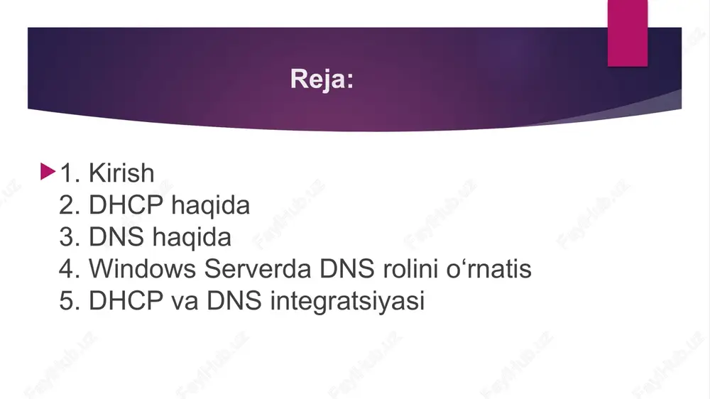 nadi. dns nima va uning vazifalari dns (domain name system) domen nomlarini ip manzillarga aylantiradi. masalan, foydalanuvchi brauzerda “example.com” yozsa, dns server bu nomni 192.168.1.1 kabi ip manzilga o‘zgartiradi. dns tarmoqdagi qurilmalar o‘rtasida muloqotni soddalashtiradi va foydalanuvchi tajribasini yaxshilaydi. u domen nomlarini markaziy bazada saqlaydi va tarmoq resurslarini aniqlashni tezlashtiradi. shuningdek, dns serverlar tarmoq xavfsizligi va yuk balansini ta’minlashda ham muhim rol o‘ynaydi. windows serverga dhcp rolini o‘rnatish dhcp rolini o‘rnatish uchun server manager’ni ochib, “add roles and features” bo‘limiga o‘tish kerak. keyin “dhcp server” ni tanlab, kerakli funksiyalarni qo‘shamiz. o‘rnatish jarayonida server dhcp konfiguratsiya jarayoni uchun tayyorlanadi. shu bilan birga dhcp konsoliga kirish imkoniyati paydo bo‘ladi, bu orqali keyingi sozlashlar amalga oshiriladi. o‘rnatish yakunida serverni qayta ishga tushirish talab qilinishi mumkin. dhcp konfiguratsiyasi dhcp serverni konfiguratsiya qilish uchun “dhcp manager” konsolidan foydalanamiz. bu yerda yangi “scope” yaratib, ip manzillar diapazonini belgilash mumkin. shuningdek, subnet mask, default gateway va dns …
