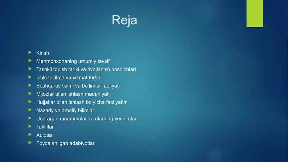 , mehmonlar bilan muomala qilish, resepsionda ishlash bo‘yicha juda foydali darslar oldim. tashkil topish tarixi va rivojlanish bosqichlari “the royal” o.k. mehmonxonasi o‘z faoliyatini 2020-yilda boshlagan. dastlab kichik mehmonxona sifatida ish boshlagan bo‘lsa-da, qisqa vaqt ichida xizmatlar ko‘lami kengaydi. mehmonxona asta-sekin rivojlanib, bugungi kunda xorijiy va mahalliy sayyohlarga xizmat ko‘rsatadigan zamonaviy muassasaga aylangan. yil sayin xizmatlar turi ko‘paymoqda, xodimlar malakasi oshirilmoqda, mijozlar soni esa ortib bormoqda. mehmonxona yangilardan bo‘lsa-da, ancha yaxshi tashkil etilgan. rivojlanish bosqichlarida xizmat ko‘rsatish sifati va mijozlar ehtiyojiga qarab o‘zgarishlar bo‘lgan. masalan, dastlab faqat oddiy xonalar mavjud bo‘lgan bo‘lsa, hozirda oilaviy xonalar, restoran, kutish zali, wi-fi, transfer kabi xizmatlar ham yo‘lga qo‘yilgan. bu ularning rivojlanishga intilayotganidan dalolat beradi. ichki tuzilma va xizmat turlari “the royal” o.k. mehmonxonasining ichki tuzilmasi bir nechta bo‘limlardan iborat: 🔹 resepsion (qabulxona) – mehmonlarni kutib olish va ro‘yxatdan o‘tkazish 🔹 xonalarni tozalash xizmati – gigiyena va tozalikni ta’minlash 🔹 restoran va oshxona bo‘limi …