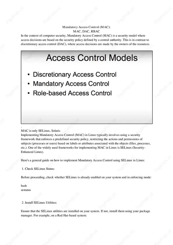 tall selinux-policy-targeted 6. selinux booleans: selinux provides booleans to control specific behaviors. you can view and set selinux booleans using the `semanage` or `setsebool` commands. for example, to allow apache to connect to the network: bash sudo setsebool -p httpd_can_network_connect 1 7. labeling: selinux uses labels to identify and control access. ensure that file contexts are correctly labeled. the `restorecon` command can be used to restore default file contexts: bash sudo restorecon -rv /path/to/directory 8. audit logs: check the selinux audit logs (`/var/log/audit/audit.log`) for any avc (access vector cache) denials. analyze these logs to identify and resolve permission issues. 9. selinux modes: selinux operates in three modes: enforcing, permissive, and disabled. in enforcing mode, selinux actively enforces policies. in permissive mode, it logs policy violations but does not enforce them. in disabled mode, selinux is turned off. to switch between modes: bash set selinux to permissive sudo setenforce 0 set …