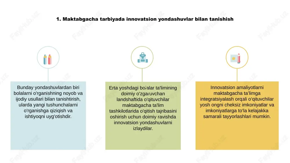 htiyotkorlik bilan tuzilgan. u qiziquvchanlik va izlanishni uyg'otadigan amaliy mashg'ulotlar, interaktiv sessiyalar va yoshga mos ma'lumotlarni o'z ichiga oladi. maktabgacha ekskursiyalar uchun qiziqarli tarkibni yaratish turli xil hissiy tajribalarni, interaktiv elementlarni va yosh ongni o'ziga jalb qilish uchun yoshga mos ma'lumotlarni o'z ichiga oladi. bunday yondashuv bolalar uchun ekskursiyalar nafaqat ta'lim, balki qiziqarli va esda qolarli bo'lishini ta'minlaydi. 4. maktabgacha ta'lim tajribasini oshirish uchun texnologiyadan foydalanish pedagogning maktabgacha ta'lim tashkilotlarida o'qitishga innovatsion yondashuvi umumiy tajribani oshirish uchun texnologiyadan foydalanishni o'z ichiga oladi. texnologiyani o'z ichiga olgan holda, bolalar o'rganish va ijodkorlikni rag'batlantiradigan interfaol faoliyat bilan shug'ullanishlari mumkin. maktabgacha ta'lim muassasalarida ekskursiyaning mazmuni bolalarga kashfiyot va kashfiyotlarni rivojlantirishga yordam beradigan amaliy tajribalar bilan ta'minlash uchun mo'ljallangan. turli xil tadbirlar orqali bolalar atrof-muhit bilan o'zaro munosabatda bo'lishga va o'yin orqali o'rganishga da'vat etiladi. maktabgacha ta'lim tajribasini yaxshilash uchun texnologiyadan foydalanish o'qituvchilarga dinamik va qiziqarli ta'lim imkoniyatlarini yaratishga imkon beradi. raqamli vositalar va …