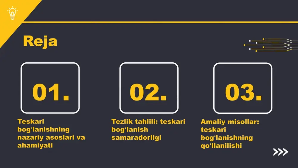 olingan natijalarni qayta uzatish. 3. oʻzgartgichning ishlashini optimallashtirish uchun nazorat qilish. - oʻzgartgich va motor oʻrtasidagi o'zaro ta'sir, tezlikni nazorat qilishni ta'minlaydi. - tezlikni nazorat qilishda teskari bogʻlanish jarayoni muhim ahamiyatga ega, chunki u tizimning samarali va to'g'ri ishlashini ta'minlaydi. tezlikni nazorat qilish tizimning murakkabligi yangi texnologiyalar tashqi omillar tezlikni nazorat qilish jarayoni avtomatik va mexanik tizimlar orqali amalga oshiriladi, bu esa tizimning samaradorligini oshiradi. tizimning murakkabligi va texnologik ta'minotning yuqori xarajatlari tezlikni nazorat qilishda ayrim cheklovlar yaratishi mumkin. yangi texnologiyalar, masalan, sun'iy intellekt va sensorlar tezlik nazoratini yanada samarali qilish imkonini beradi. tashqi omillar, jumladan, iqlim o'zgarishi va iqtisodiy sharoitlar tizimning ishlashiga ta'sir ko'rsatishi mumkin. s w o t kelajakda teskari bogʻlanish - teskari bogʻlanish texnologiyasining kelajagi va rivojlanishi. - innovatsiyalar: yangi sensorlar, avtomatik boshqaruv tizimlari va sun'iy intellekt. - energiya samaradorligi va barqaror rivojlanishdagi o‘rni. - teskari bogʻlanish tizimlarining energiya iste'molini kamaytirishdagi roli. - kelajakda teskari bogʻlanishning energiya …