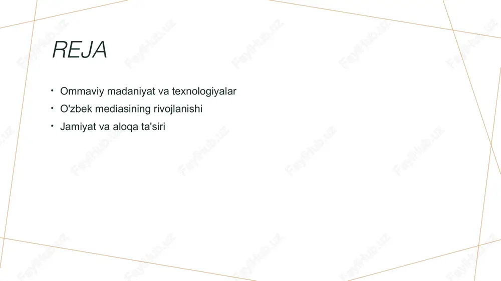foydalanuvchilarning ijtimoiy tarmoqlarda yaratilgan kontentga munosabatini belgilaydi. bu, madaniyatni yanada rivojlantiradi. ommaviy madaniyat va texnologiyalar: o'zbek madaniyatiga ta'siri. 01 ommaviy madaniyatning o'zgarishi ommaviy madaniyat, texnologiyalarning ta'siri ostida, o'zbekistonda yangilanib, xalq orasida yangi urf-odatlar va qadriyatlarni shakllantirmoqda. 02 texnologiyalar va an'analar raqamli texnologiyalar, an'anaviy o'zbek madaniyatini yangi formatlarda taqdim etib, madaniy merosni saqlab qolish va rivojlantirishga yordam beradi. 03 ijtimoiy ta'sirlar ommaviy madaniyat va texnologiyalar o'rtasidagi aloqalar, ijtimoiy munosabatlar va identitetni shakllantirishda muhim rol o'ynaydi, yangi fikrlar va qarashlarni olib keladi. mediakontent ishlab chiqarish: ommaviy madaniyat va texnologiyalarning roli. 01 ommaviy madaniyat ommaviy madaniyat, ijtimoiy aloqalar va kommunikatsiya vositalariga asoslangan muhim kontseptsiya bo'lib, odamlar orasidagi madaniy almashinuvni kuchaytiradi. 02 texnologiyalarning roli texnologiyalar, mediakontent ishlab chiqarishda yangi imkoniyatlar yaratadi, masalan, raqamli platformalar orqali keng auditoriyaga tezda yetib borishni ta'minlaydi. 03 o'zbek media ekotizimi o'zbek media ekotizimida ommaviy madaniyat va texnologiyalar o'rtasidagi muvozanat, mahalliy va global talablarga mos ravishda rivojlanishga yordam beradi. ommaviy …