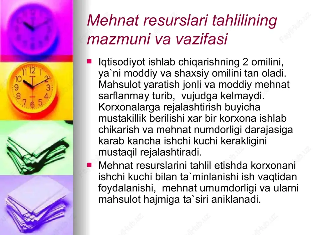 ammo kam kategoriyadagi xodimlar 57 kishiga (22q35) ortgan. utgan yilga nisbatan ishchilar 45, kolgan kategoriyadagi xodimlar 8 kishiga kiskargan. xodimlar tarkibidagi bunday uzgarishlar ularning strukturasiga uzgarishiga olib keldi. jumladan: ishchilarning jami sanoat ishlab chikarish xodimlari tarkibidagi tutgan ulushi rejadagi 77, 16% dan, xakikatda 73, 18 ga qadar pasaygan. ish vaqtidan foydalanish tahlili mehnat umumdorligini ortishi intesivlashining asosiy omildir. mehnat umumdorligini ortishi mahsulot hajmini kupayishini ta`minlaydi, xodimlar sonini bazis davriga nisbatan kiskarishiga erishiladi. mehnat umumdorligi vaqt birligi ichida ishlab chikarilgan mahsulot yoki mahsulot birligi ishlab chikarish uchun sarflangan vaqt bilan ulchanadi. iqtisodiy mehnat umumdorligi va jonli mehnat umumdorligi mavjuddir. iqtisodiy mehnat umumdorligini aniqlash uchun milliy daromadni xodimlar soniga bo`lish orqali aniqlanadi. mehnat unumdorlik ko`rsatkichlari va ularni hisoblash tartibi bir xodimga to`g`ri keladigan mahsulot hajmiga ta`sir etuvchi omillarning tahlili. bir ishchiga to`g`ri keladigan mahsulot hajmiga, ish vaqtidan foydalanish va 1 soatlik ish unumining ta`siri. mehnat shakli xam kupincha mahsulotni ishlab chikarish normallashtirilgan …