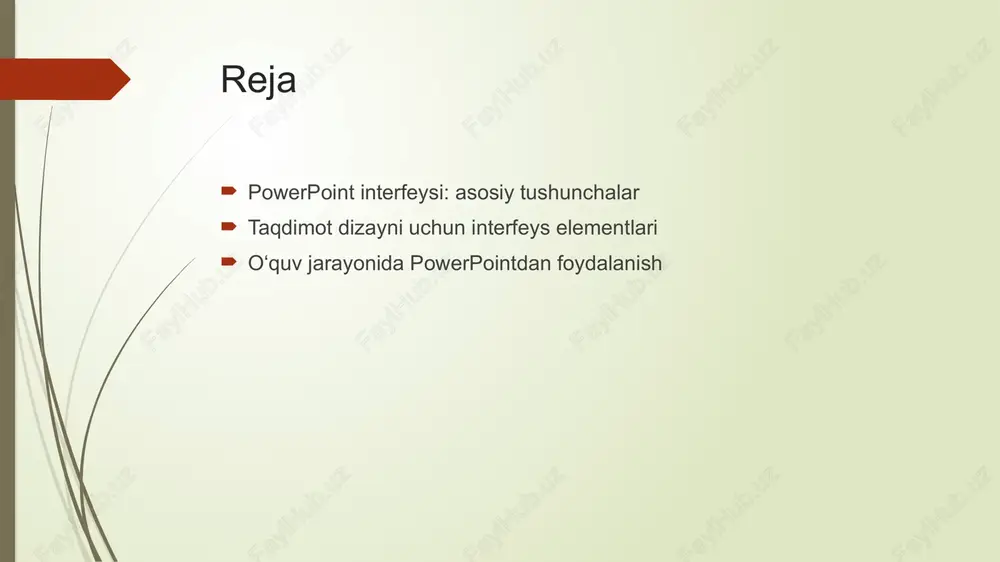 i interaktiv qilib, auditoriya bilan o'zaro ta'sirni kuchaytiradi va e'tiborni ushlab turadi. darslarda powerpoint interfeysidan samarali foydalanish usullari. 1 taqdimot maqsadi - darslarda powerpoint interfeysidan foydalanishdan oldin, taqdimotning maqsadini aniqlash muhimdir. bu o'quvchilarga aniq va maqsadli taqdimot yaratishga yordam beradi. 2 interfeysni o'rganish - o'qituvchilar powerpoint interfeysining asosiy komponentlarini o'rganishlari kerak. asosiy elementlar, masalan, slaydlar, asboblar paneli va menyularni tushunish, samaradorlikni oshiradi. 3 interaktiv elementlar - darslarda interaktiv elementlarni, masalan, so’rovlar va video manbalarni qo’shish, o’quvchilarning jalb qilishini oshirib, taqdimotning samaradorligini yanada kuchaytiradi. interfeys dizayni va taqdimotlar sifatini oshirish strategiyalari. interfeys dizayni taqdimotlar sifatini oshirishda muhim rol o'ynaydi. yaxshi tuzilgan interfeys foydalanuvchilarga qulaylik yaratadi va diqqatni jamlashga yordam beradi. o'zbekiston va xalqaro akademiyada taklif etilayotgan zamonaviy dizaynlar, taqdimot jarayonini yengillashtiradi va samaradorligini oshiradi. - interfeysning soddaligi - ranglar va shriftlar uyg'unligi - vizual elementlarning o'rinli qo'llanilishi powerpoint interfeysi: o'qituvchilar va talabalar uchun imkoniyatlar. 01 o'qituvchilar uchun imkoniyatlar powerpoint o'qituvchilar uchun …