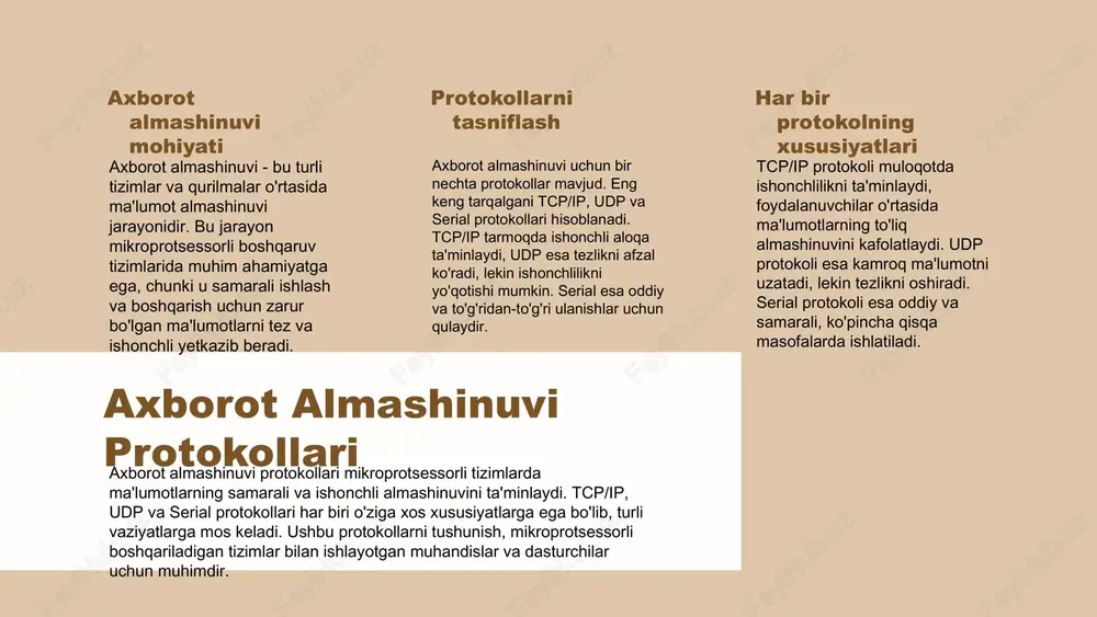 etlarni manzilga yetkazish uchun zarur yo‘nalishni belgilaydi. tcp ma'lumotlarni to'liq va to'g'ri yetkazilganligini ta'minlaydi, ip esa paketlarni manzilga yetkazish vazifasini bajaradi. tcp/ip protokolining afzalliklari tcp/ip protokoli ko'plab afzalliklarga ega. u keng tarqalgan va standartlashtirilgan, bu esa turli tizimlar o'rtasida axborot almashishni osonlashtiradi. tcp/ip protokoli, shuningdek, ko'p turdagi qurilmalar va platformalarda ishlaydi, shuning uchun u global tarmoqda keng qo'llaniladi. tcp/ip protokolining kamchiliklari tcp/ip protokoli ba'zi kamchiliklarga ham ega. masalan, tcp protokoli ma'lumotlarni uzatishda sekin bo'lishi mumkin, chunki u har bir paketni tasdiqlash va qayta uzatish jarayonini o'z ichiga oladi. boshqa bir kamchilik esa, ip protokoli xavfsizlikni ta'minlamaslikdir, bu esa qo'shimcha xavfsizlik choralarini talab qiladi. tcp/ip protokolining tahlili tcp/ip protokoli internetda muhim rol o'ynaydi. tcp ma'lumotlarni ishonchli uzatishni ta'minlaydi, ip esa ularni to'g'ri manzilga yetkazadi. ushbu protokollar o'rtasidagi farqlar, afzalliklar va kamchiliklar, shuningdek, ularning mikroprotsessorli elektr yuritmalarda qo'llanilishi muhim ahamiyatga ega. udp protokolining tahlili umumiy ma'lumotlar udp (user datagram protocol) - bu …