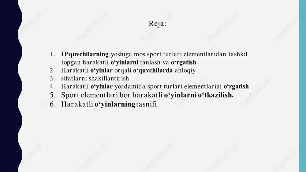 tuvchi yoki sinovchi - uchuvchimi, foydali, hushchaqchaq, qiziqarli o‘yinlarga albatta, zarurat sezasiz”, deb izoh berilgan. o‘yin “o‘yin” tushunchasi go‘dakning shiqildoq bilan bajariladigan oddiy harakatlaridan tortib, sport turida (basketbol, gimnastika, kurash va shu kabilar) amalga oshiriladigan jismoniy faoliyatlarni o‘z ichiga oladi. o‘yin shartli qo‘yilgan maqsadga erishish uchun qaratilgan faoliyatdir. o‘yinda qandaydir moddiy boyliklar ishlab chiqilmaydi. oʻzbekiston xalqi deganda respublikada yashovchi yalpi aholi tushunilsa yoki oʻzbek xalq oʻyinlari deganda faqat oʻzbek xalqiga tegishli boʻlgan oʻyinlarni tushunmoq joizdir. bunda milliy oʻzbek oʻyinlarining umumiy miqdori, bilimdonlarning fikricha 3-5 mingdan kam emas. “uloq” (koʻpkari) oʻyini chorvadorlar orasida keng tarqalgan ekan. chorvadorlar orasida “koʻpkari” (uloq), “joʻn koptok”, “chim koptok”, “podachi” kabi oʻyinlar oʻynalgan (koʻpgina sharq xalqlarida, jumladan, oʻzbek chorvadorlari orasida keng tarqalgan. “chim koptok” oʻyini asosida hozirgi vaqtda butun dunyoda oʻynalayotgan “chim ustida xokkey” sport turi vujudga kelgan). harakatli oʻyinlar orqali o‘quvchilarda ahloqiy sifatlarni shakllantirish qadimiy tarbiya tizimidan boshlab harakatli oʻyinlardan shaxsni har tomonlama jismoniy va …