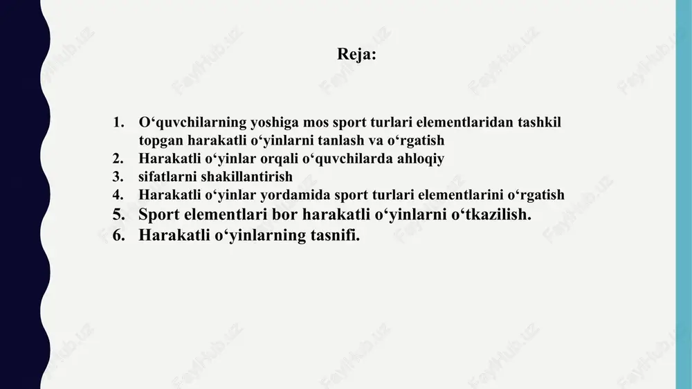 hi - uchuvchimi, foydali, hushchaqchaq, qiziqarli o‘yinlarga albatta, zarurat sezasiz”, deb izoh berilgan. o‘yin “o‘yin” tushunchasi go‘dakning shiqildoq bilan bajariladigan oddiy harakatlaridan tortib, sport turida (basketbol, gimnastika, kurash va shu kabilar) amalga oshiriladigan jismoniy faoliyatlarni o‘z ichiga oladi. o‘yin shartli qo‘yilgan maqsadga erishish uchun qaratilgan faoliyatdir. o‘yinda qandaydir moddiy boyliklar ishlab chiqilmaydi. oʻzbekiston xalqi deganda respublikada yashovchi yalpi aholi tushunilsa yoki oʻzbek xalq oʻyinlari deganda faqat oʻzbek xalqiga tegishli boʻlgan oʻyinlarni tushunmoq joizdir. bunda milliy oʻzbek oʻyinlarining umumiy miqdori, bilimdonlarning fikricha 3-5 mingdan kam emas. “uloq” (koʻpkari) oʻyini chorvadorlar orasida keng tarqalgan ekan. chorvadorlar orasida “koʻpkari” (uloq), “joʻn koptok”, “chim koptok”, “podachi” kabi oʻyinlar oʻynalgan (koʻpgina sharq xalqlarida, jumladan, oʻzbek chorvadorlari orasida keng tarqalgan. “chim koptok” oʻyini asosida hozirgi vaqtda butun dunyoda oʻynalayotgan “chim ustida xokkey” sport turi vujudga kelgan). harakatli oʻyinlar orqali o‘quvchilarda ahloqiy sifatlarni shakllantirish qadimiy tarbiya tizimidan boshlab harakatli oʻyinlardan shaxsni har tomonlama jismoniy va maʼnaviy shakllantirish …