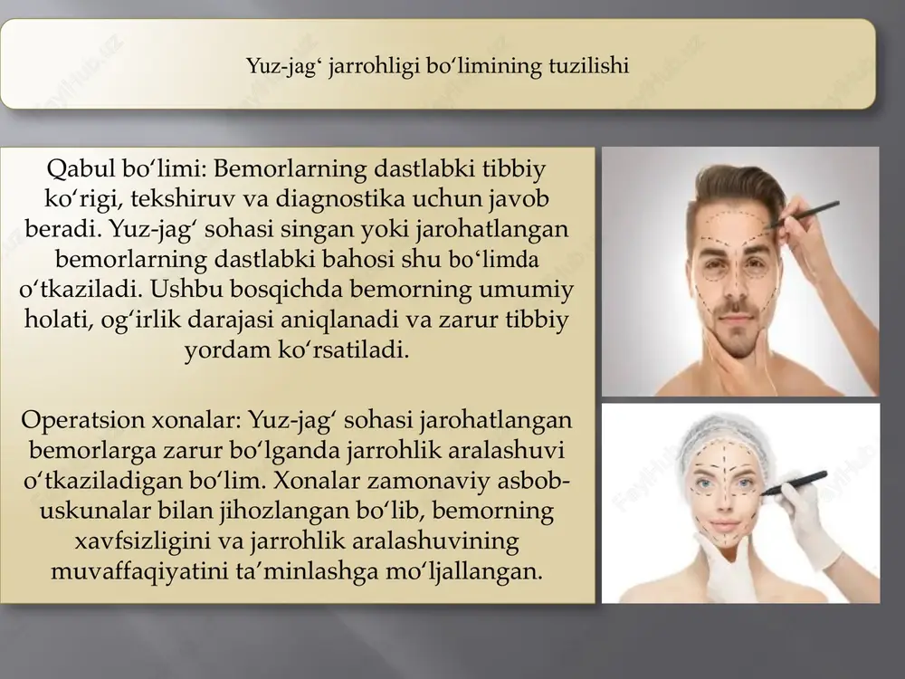 nadi. reanimatsiya va intensiv terapiya bo‘limi: jiddiy shikastlangan yoki og‘ir jarrohlik amaliyotlarini boshdan kechirgan bemorlar uchun jonlantirish va intensiv terapiya xizmatlari ko‘rsatiladigan maxsus bo‘lim. bemorlarning hayotiy ko‘rsatkichlari uzluksiz kuzatiladi va zarurat tugʻilganda tezkor choralar ko‘riladi. og‘ir jarohatlar, ko‘p sonli singan suyaklar yoki murakkab operatsiyalardan so‘ng bu bo‘lim bemorlarning hayotini saqlab qolishda hal qiluvchi rol o‘ynaydi. yuz-jagʻ sohasi jarohatlangan bemorlarni parvarish qilish xususiyatlari: singan va shikastlangan joylar diagnostikasi: bemorning holatini to‘g‘ri baholash birinchi bosqichdir. bu jarayonda singan suyaklar va shikastlangan yumshoq to‘qimalarni aniqlash muhimdir. dastlabki tekshiruv rentgen, kompyuter tomografiyasi (kt) yoki magnit-rezonans tomografiyasi (mrt) orqali amalga oshiriladi. to‘g‘ri diagnostika bemor uchun samarali davolash rejasini tuzishda yordam beradi. og‘riqni boshqarish: yuz-jagʻ jarohatlarida og‘riq kuchli bo‘lishi mumkin, bu bemorning umumiy holatiga ta’sir qiladi. og‘riqni kamaytirish uchun og‘riq qoldiruvchi vositalar (analgetiklar) va yallig‘lanishga qarshi preparatlar ishlatiladi. bu dorilar bemorning sog‘ayish jarayonini osonlashtirishda muhim rol o‘ynaydi. jarohatlarning davolanishi: jarohatning turi va og‘irligiga qarab davolash konservativ …