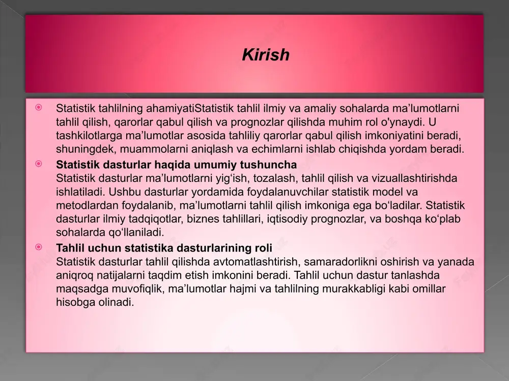 mumkin. ochiq kodli dasturlar ko‘pincha kichik va o‘rta bizneslar yoki ilmiy tadqiqotlar uchun maqbuldir. misollar: r: statistik tahlil, ma’lumotlarni vizualizatsiya qilish va ma’lumotlarni to‘plash uchun keng qo‘llaniladi. python: pandas, numpy, va matplotlib kabi kutubxonalar yordamida ma’lumotlarni tahlil qilish va vizuallashtirish imkonini beradi. jasp: spss ga o‘xshash, lekin bepul va ochiq kodli. ma'lumotlarni vizualizatsiya qilish dasturlari statistik tahlilni vizuallashtirishda yordam beradigan dasturlar. ushbu dasturlar foydalanuvchilarga grafikalar va diagrammalar orqali ma'lumotlarni ko‘rsatishda yordam beradi. misollar: tableau: katta hajmdagi ma'lumotlarni interaktiv ravishda tahlil qilish imkonini beradi. power bi: ma'lumotlarni vizuallashtirish va tahlil qilish uchun microsoft tomonidan ishlab chiqilgan dastur. spetsifik dasturlar bu dasturlar faqat ma'lum bir soha yoki tahlil uchun mo‘ljallangan bo‘lib, o‘ziga xos xususiyatlarga ega. misollar: minitab: asosan sifatni boshqarish va ishlab chiqarish jarayonlarini tahlil qilishda qo‘llaniladi. eviews: iqtisodiyot va moliya sohalarida vaqt seriyalarini tahlil qilish uchun ishlatiladi. microsoft excel microsoft excel — eng keng tarqalgan elektron jadval dasturidir. u statistik tahlil …