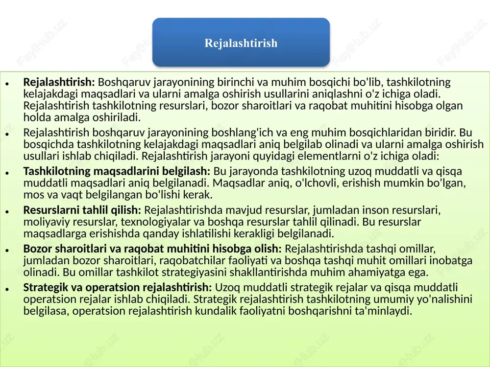 maqsadlarga erishish darajasi asosida baholanadi. mbo (maqsadlar bo'yicha boshqaruv) — bu boshqaruv usuli bo'lib, unda tashkilotning umumiy maqsadlariga erishish uchun har bir xodim uchun individual maqsadlar belgilanadi. ushbu maqsadlar aniq, o'lchovli va vaqtga bog'langan bo'lishi kerak. mbo jarayoni quyidagi asosiy bosqichlarni o'z ichiga oladi: maqsadlarni aniqlash: tashkilot rahbariyati va xodimlar birgalikda xodimlar uchun aniq maqsadlarni belgilaydi. bu maqsadlar xodimlarning vazifalari va tashkilotning strategik maqsadlariga mos bo'lishi kerak. maqsadlarning kelishilishi: belgilangan maqsadlar xodimlar bilan kelishiladi, bu jarayon xodimlarga maqsadlarning ahamiyatini tushunish va ularga erishishga motivatsiya beradi. natijalarni kuzatish: xodimlarning faoliyati doimiy ravishda kuzatilib, ular maqsadlarga qanday erishayotganligi baholanadi. kuzatish jarayonida o'zgarishlar va kerakli tuzatishlar amalga oshirilishi mumkin. ish natijalarini baholash: belgilangan maqsadlarga erishish darajasiga qarab xodimlarning ish natijalari baholanadi. bu baholash xodimlarning yutuqlari va ularning tashkilot maqsadlariga qo'shgan hissasini aniqlash uchun amalga oshiriladi. rag'batlantirish: xodimlar maqsadlarga erishganliklari uchun rag'batlantiriladi. bu rag'batlantirish moddiy yoki nomoddiy shaklda bo'lishi mumkin va xodimlarning kelajakdagi faoliyatiga …