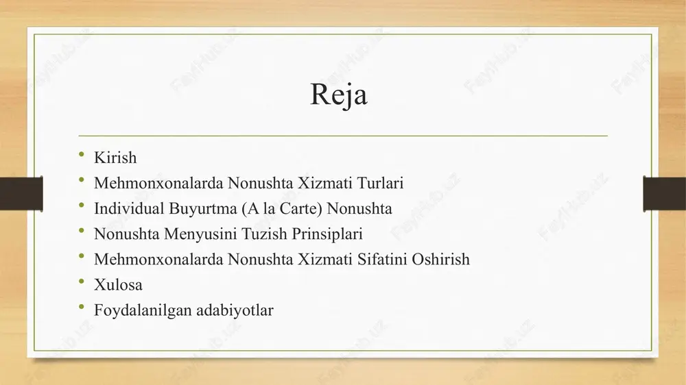 tayyorlaydi. bu usul mijozlarga yanada individual yondashuvni ta’minlaydi. oshpaz sifati nazorat qiladi – har bir taom alohida tayyorlanadi, bu esa mahsulot sifati va ta’mini yaxshiroq nazorat qilish imkonini beradi. shu bilan birga, taomlar bezatilishi va mijozlarga estetik tarzda taqdim etilishi muhim ahamiyatga ega. vaqt va xizmat ko‘rsatish tezligi muhim – buyurtmalar mijoz talablariga mos ravishda tez tayyorlanishi kerak. ertalabki band vaqtlarda oshpazlar va ofitsiantlar samarali ishlashi zarur. xizmat sifati va tezligi mehmonlarning umumiy taassurotiga katta ta’sir qiladi. kontinental nonushta eng oddiy turdagi nonushta – tayyorlanishi oson bo‘lib, minimal mahsulotlardan iborat. asosan qahva, choy, non, sariyog‘ va murabbo – ba’zan sharbat, yogurt yoki mevalar ham qo‘shilishi mumkin. byudjet mehmonxonalarida keng tarqalgan – arzon va tez tayyorlanadigan bo‘lgani uchun kichik mehmonxonalar va biznes sayohatchilar uchun qulay variant hisoblanadi. milliy nonushta turlari mehmonxonaning joylashuviga bog‘liq – har bir mintaqada nonushta tarkibi mahalliy taomlarga asoslangan bo‘ladi. o‘zbek milliy nonushtasi – an’anaviy taomlar tarkibiga qaymoq, …