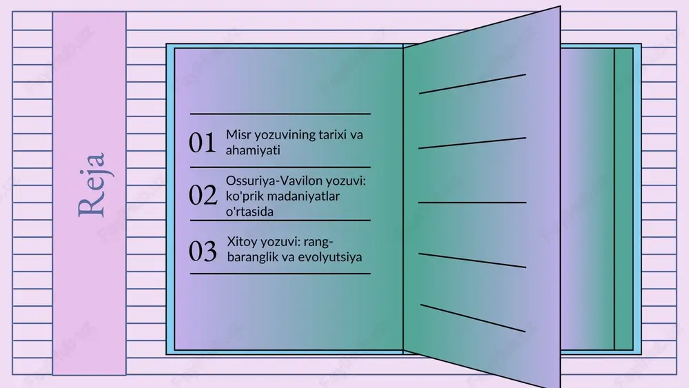 i savdo va ma'muriyatda ham keng qo'llanilgan. ossuriya va vavilon xalqlari o'rtasidagi aloqalar, ularning madaniyati, diniy qarashlari va iqtisodiy hayoti ustida kuchli ta'sir ko'rsatgan. yozuv orqali bilimlar va an'analar bir-biriga o'tkazilib, xalqaro aloqalar rivojlangan. 01 03 02 04 ossuriya-vavilon yozuvi: yozuvning o'ziga xosligi uning asosiy xususiyatlaridan biri, yozuvning harflar va belgilar orqali ma'lumotlarni saqlash va uzatish imkoniyatidir. ossuriya-vavilon yozuvi misr va xitoy yozuvlari bilan solishtirilganda, u murakkablik darajasi va ma'lumotni ifodalash usuli bilan ajralib turadi. ossuriya-vavilon yozuvi belgilardan iborat bo'lib, u bir vaqtning o'zida fonetik va logografik xususiyatlarga ega. yozuvda ishlatiladigan belgilar murakkab va ko'plab ma'nolarni ifodalashi mumkin, bu esa uni o'ziga xos qiladi. photo by ashkan forouzani on unsplash https://unsplash.com/@ashkfor121?utm_source=ai_slide_maker&utm_medium=referral https://unsplash.com/photos/four-men-sitting-beside-table-irdprsdozli?utm_source=ai_slide_maker&utm_medium=referral ossuriya-vavilon yozuvi: madaniyatlararo ko'prik yozuvning roli ossuriya-vavilon yozuvi, turli madaniyatlar o'rtasida fikr va tajriba almashinuvi uchun muhim ko'prik bo'lib xizmat qilgan. u ko'plab xalqlar o'rtasida savdo va diplomatik aloqalarni mustahkamladi. masalan, ossuriya-vavilon yozuvi orqali savdo munosabatlari rivojlandi, bu …