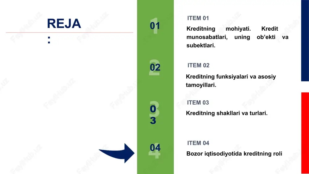heniya.jpg kredit ob’ekti kredit sub’ekti bu qarz beruvchi va qarz oluvchir bu qarz beruvchidan qarz oluvchiga beriladigan qiymatdir jismoniy shaxsning iste'mol ehtiyojlari uchun mo'ljallangan tovarlar, ishlar, xizmatlar. yuridik shaxslar uchun oborot kapitali va asosiy kapitalini tuldirish yoki kengaytirish uchun olinadigan pul resurslari yoki asosiy, aylanma kapital kurinishidagi kiymatliliklar source: https://finansovyjgid.ru/images/payment_clock_256.png kredit shartnomasi [1] kredit shartnomasi - bu bank yoki boshqa kredit tashkiloti (kreditor) shartnomada nazarda tutilgan miqdorda va shartlarda qarz oluvchiga pul (kredit) berish majburiyatini olgan, qarz oluvchi esa kredit summasini va foizini kaytarish majburiyatini olgan shartnomadir. kredit shartnomasi shartlariga quyidagilar kiradi: shartnoma taraflari va qarz beruvchi tomonidan qarz oluvchiga taqdim etiladigan mablag'lar miqdori (shartnoma predmeti); kreditning maqsadi;kredit muddati; kredit majburiyatini ta'minlash usullari; chiqarish va sotib olish shartlari; kreditdan foydalanganlik uchun to'lov miqdori foiz sifatida. source: https://top-fon.com/fony-dlja-prezentacii/4065-fon-dlja-prezentacii-dogovor-189-foto.html kredit zaruriyati va axamiyati [2] davlat va davlat korxonalari kompaniya va firmalar axoli korxona resurslarni qo'shimcha jalb qilish hisobiga ularni ko'paytirish, ishlab chiqarish …