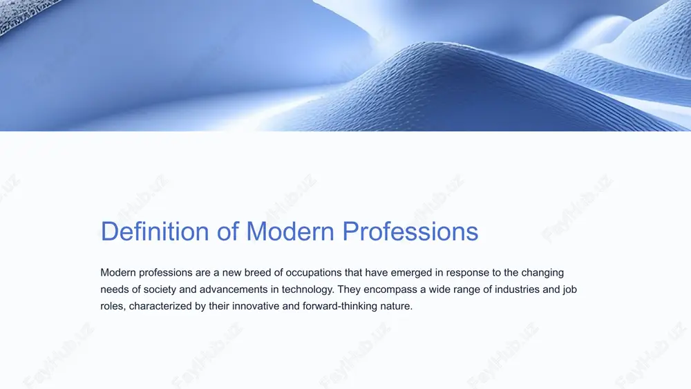 a risk to job stability in modern professions. 2 work-life balance the always-connected digital world can make it challenging to maintain a healthy work-life balance. 3 continuous learning the need to continuously upgrade skills to keep up with technological advancements can be demanding. 6 opportunities in modern professions 1 global connectivity the ability to work with international teams and tap into global markets offers endless opportunities. 2 entrepreneurship the digital landscape provides a platform for individuals to launch their own ventures and create their dream job. 3 job flexibility the rise of remote work and flexible schedules allows for a better work-life integration. 7 conclusion and key takeaways stay agile adaptability is key to thriving in modern professions. cultivate creativity embrace innovation and think creatively to solve modern challenges. embrace lifelong learning continuous learning and upskilling are essential for staying relevant. 8 image1.png image2.png image3.png image4.png image5.png image6.png