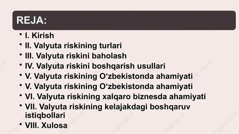 valyuta kurslarining korxona operatsiyalariga ta’siri. 2. translyatsion risk xorijiy aktivlar yoki majburiyatlarning hisobot valyutasiga aylantirilishi natijasida yuzaga keladigan zarar. 3. tranzaksion risk xorijiy valyutada amalga oshiriladigan bitimlar vaqtida yuzaga keladigan xavf. 4. ekonomik risk uzoq muddatli valyuta kurslarining korxonaning iqtisodiy holatiga ta’siri. iii. valyuta riskini baholash baholash usullari 1. valyuta kurslarini kuzatish: kurslarning real vaqtda o‘zgarishlarini kuzatish va tahlil qilish. 2. statistik tahlil: o‘tmishdagi ma’lumotlar asosida kurs tebranishlari va tendensiyalarni o‘rganish. 3. sensitivlik tahlili: kurslarning kichik o‘zgarishlari korxonaning moliyaviy natijalariga qanday ta’sir qilishini baholash. 4. stress-testlar: eng yomon stsenariylarni modellashtirish orqali potentsial zararlarni baholash. 5. baholash ko‘rsatkichlari volatilite: valyuta kurslarining tebranish darajasi. iv. valyuta riskini boshqarish usullari 1. xedjlash (hedging): valyuta riskini kamaytirish uchun oldindan belgilangan kurs bo‘yicha valyuta bitimlarini tuzish. forward bitimlar: kelajakda xorijiy valyutani bugungi kelishilgan kurs bo‘yicha sotish yoki sotib olish. opsionlar: valyutani kelishilgan kurs bo‘yicha sotib olish yoki sotish huquqi. swaps: ikki tomon bir-birining valyuta oqimlarini …