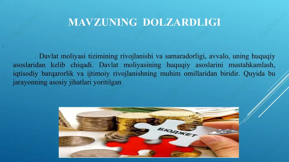ing barqarorligini ta‟minlashga qaratilgan islohotlar izchillik bilan amalga oshirilmoqda. bu borada muhtaram prezidentimiz sh.m.mirziyoyevning quyidagi fikrlarini keltirib o„tish joizdir, “makroiqtisodiy barqarorlikni yanada mustahkamlash va iqtisodiy o„sishning yuqori sur‟atlarini saqlab qolish, jumladan, davlat byudjeti barcha darajada mutanosib, milliy valyuta va ichki bozordagi narx darajasi barqaror bo„lishini ta‟minlash - eng muhim ustuvor vazifamizdir. o„zbekiston respublikasi davlat byudjeti to’g’risidagi malumotlarning ochiqligi va shaffofligini hamda fuqarolarni byudjet jarayonidagi ishtirokini ta‟minlash maqsadida: 2018 yildan boshlab “fuqarolar uchun byudjet” axborot nashri ishlab chiqilmoqda; davlat byudjeti to’g’risida batafsil malumotlar joylashtirilib kelinayotgan “openbudget.uz” axborot portali 2019 yilning yanvar oyidan boshlab ishga tushirildi; davlat byudjeti ijrosi to’g’risidagi malumotlar davlat moliyaviy statistikasi standartlariga muvofiq shaklda xalqaro valyuta jamg„armasining saytida joylashtirib borilmoqda; 2019 yildan boshlab tuman va shahar byudjetlarida hosil bo’ladigan qo’shimcha manbalarining kamida 10 foizi fuqarolar tomonidan bildirilgan tadbirlarga asosan yo’naltirish mexanizmi joriy etildi byudjet mablag’larini tasarruf etuvchilar hamda mahalliy davlat hokimiyati organlari tomonidan byudjet mablag’laridan foydalanish jarayonini to’liq o’z …