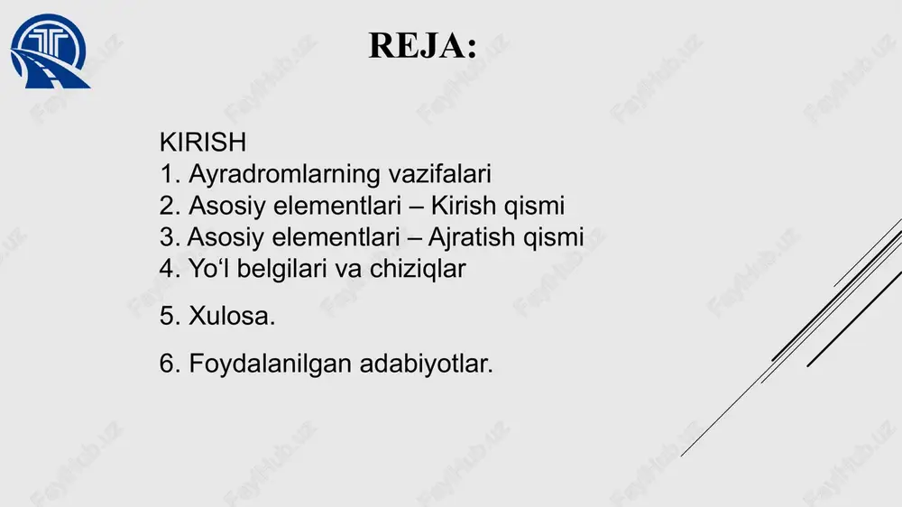 idir. bu qismda transport vositalari asosiy yo‘lga qo‘shilish uchun tayyorlanadi. kirish qismida yo‘l kengayadi yoki maxsus harakat chiziqlari (kengaytirilgan yo‘l qismi) tashkil etiladi, bu esa avtomobillarga asosiy yo‘l oqimiga qo‘shilish uchun yetarlicha joy beradi. shu tarzda, kirish qismi harakat oqimini tartibga soladi, avtohalokatlarning oldini oladi va yo‘l harakatini xavfsiz qiladi. bu qismda haydovchilar ehtiyotkorlik bilan harakat qilib, tezlikni moslashtirishlari talab etiladi. asosiy elementlari – chiqish qismi chiqish qismi — ayradromning asosiy yo‘ldan ajralib chiqish uchun mo‘ljallangan elementi hisoblanadi. bu qism orqali transport vositalari asosiy yo‘ldan xavfsiz tarzda chiqib ketadi. yo‘l kengayadi yoki maxsus yo‘l chiziqlari yordamida harakat oqimi ajratiladi. chiqish qismi haydovchilarga harakat tezligini kamaytirish va boshqa yo‘lga moslashishga imkon beradi. shu bilan birga, bu qism tirbandliklarning oldini olish va yo‘l harakati xavfsizligini oshirishda muhim rol o‘ynaydi. asosiy elementlari – ajratish qismi ajratish qismi — ayradromni asosiy yo‘l harakat qismidan ajratib turuvchi maxsus zonadir. bu element transport oqimlarini xavfsiz va …