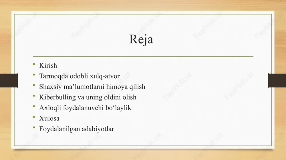 isi. kiberbulling va uning oldini olish kiberbulling — bu internet yoki boshqa raqamli vositalar orqali odamni kamsitish, haqorat qilish, tahdid qilish yoki masxara qilishdir. bunday xatti-harakatlar jiddiy ruhiy zarar yetkazishi mumkin. kiberbullingga qarshi kurashish uchun bunday holatlarga befarq bo‘lmaslik, zarur hollarda kattalar yoki mutasaddilarga xabar berish kerak. internetda hurmat, sabr va mehr bilan muloqot qilish kiberbullingning oldini olishga yordam beradi. axloqli foydalanuvchi bo‘laylik infoetika — bu internetdan foydalanishda axloqiy mezonlarga amal qilishdir. har bir foydalanuvchi tarmoqda hurmatli, mas’uliyatli va ehtiyotkor bo‘lishi kerak. shaxsiy ma’lumotlarni himoya qilish, mualliflik huquqlariga rioya etish, boshqalarga zarar yetkazmaslik — bular axloqli onlayn muhitni shakllantirishning asosidir. keling, barchamiz infoetik qoidalarga amal qilib, sog‘lom va madaniyatli raqamli jamiyat qurishga hissa qo‘shaylik. xulosa infoetika – bu zamonaviy axborot dunyosida axloqiy me’yorlarga amal qilish madaniyatidir. internetdan foydalanishda hurmat, mas'uliyat, xavfsizlik va halollik tamoyillariga rioya qilish har bir foydalanuvchining burchidir. shaxsiy ma’lumotlarni asrash, mualliflik huquqlarini hurmat qilish va boshqalarga zarar …