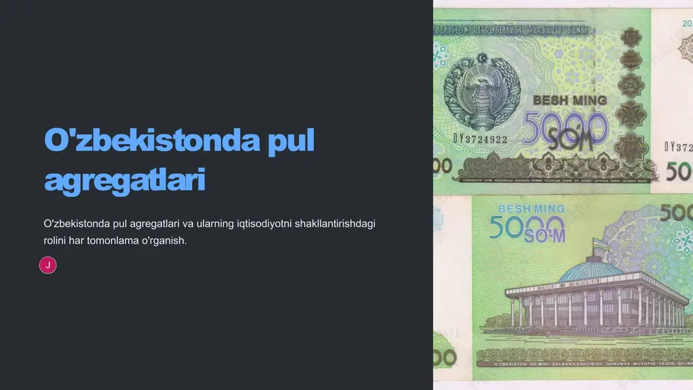 monitoringi tegishli pul-kredit siyosatini amalga oshirishga yordam beradi. 2 iqtisodiy salomatlik pul agregatlari o'zbekiston iqtisodiyotining salomatligi va barqarorligini baholash uchun muhim ko'rsatkich bo'lib xizmat qiladi. 3 inflyatsiya nazorati pul taklifini kuzatish inflyatsiya sur'atlarini boshqarish va narxlar barqarorligini saqlashga yordam beradi. 7 o'zbekistonda pul agregatlariga ta'sir etuvchi omillar fiskal siyosat davlat xarajatlari va soliqqa tortish siyosati pul agregatlarining o'sish sur'atlariga ta'sir qiladi. kredit shartlari kredit berish amaliyoti va kreditning mavjudligi pul agregatlarining kengayishi yoki qisqarishiga bevosita ta'sir qiladi. iqtisodiy o'sish iqtisodiy faollik sur'ati va yaimdagi o'zgarishlar pul agregatlari hajmiga ta'sir qiladi. 8 xulosa: o'zbekiston iqtisodiyotida pul agregatlarining o'rni pul agregatlari siyosatchilar uchun muhim ko'rsatkich bo'lib, iqtisodiy barqarorlik, inflyatsiya nazorati va o'zbekiston iqtisodiyotining umumiy salomatligi haqida tushuncha beradi. 9 image7.png image8.png image9.png image10.png image11.png image12.png image13.png image14.png image15.png image16.png image17.png image18.png image19.png image20.png image3.png image4.png
