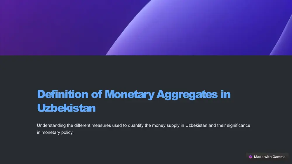 assess the health and stability of uzbekistan's economy. 3 inflation control tracking money supply aids in managing inflation rates and maintaining price stability. 6 factors influencing monetary aggregates in uzbekistan fiscal policy government spending and taxation policies impact the growth rate of monetary aggregates. credit conditions lending practices and credit availability directly influence the expansion or contraction of monetary aggregates. economic growth the pace of economic activity and changes in gdp have repercussions on the size of monetary aggregates. 7 conclusion: the role of monetary aggregates in uzbekistan's economy monetary aggregates serve as crucial indicators for policymakers, providing insight into economic stability, inflation control, and the overall health of uzbekistan's economy. 8 image1.png image2.png image3.png image4.png image5.png image6.png image7.png image8.png image9.png image10.png image11.png image12.png image13.png image14.png image15.png