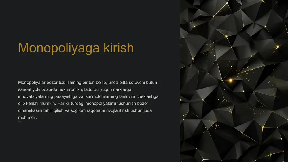 ni belgilash imkonini beradi, raqobatni bo'g'adi. masalan, operatsion tizimlar, qidiruv tizimlari va ijtimoiy media platformalari. ularning tarmoq effektlari va kirish uchun yuqori to'siqlar raqobatchilarning paydo bo'lishini qiyinlashtiradi. 6 monopolistik raqobat ta'rif monopolistik raqobat - bu o'xshash, ammo farqlangan mahsulotlarni taklif qiluvchi ko'plab sotuvchilar mavjud bo'lgan bozor tuzilishi. firmalar narxlarni nazorat qiladi, ammo raqobatbardosh. mahsulotni farqlash monopolistik raqobat sharoitida firmalar o'z mahsulotlarini brendlash, qadoqlash, xususiyatlar yoki o'ziga xoslik idrokini yaratish uchun boshqa marketing harakatlari orqali farqlash orqali raqobatlashadi. kirish to'siqlari monopolistik raqobatda kirish uchun to'siqlar nisbatan past bo'lsa-da, mahsulotning differentsiatsiyasi har bir firma uchun bozor kuchi darajasini yaratadi va ularga yuqori narxni olish imkonini beradi. misollar monopolistik raqobatga misollar restoranlar, kiyim-kechak sotuvchilari va maishiy elektronikadir. har bir firma o'ziga xos mahsulotni taklif qiladi, ammo sanoatda raqobat mavjud. 7 oligopoliya ta'rif oligopoliya - bu sanoatda bir nechta yirik firmalar hukmronlik qiladigan bozor tuzilmasi. ushbu firmalar o'zlari sotadigan mahsulotlarni etkazib berish va narxlash …