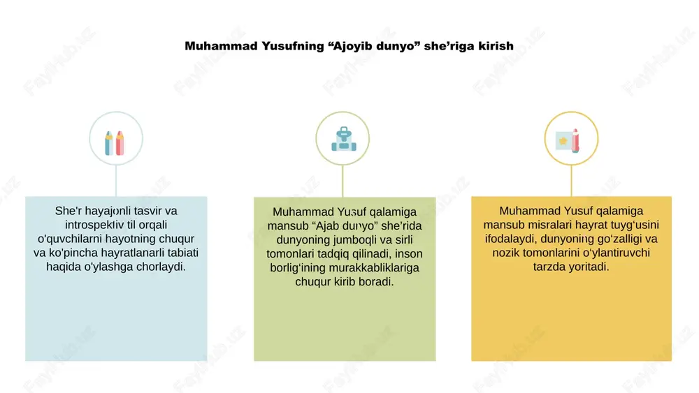 yo”da til va uslub tahlili. muhammad yusufning “ajab dunyo” she’ri til va uslubning ajoyib kashfiyotidir. shoirning tasvir va metaforalardan foydalanishi o‘quvchining izlanishlari uchun boy va jonli olam yaratadi. “ajab dunyo”dagi til ta’sirchan va kuchli bo‘lib, o‘quvchini she’rning hissiy manzarasiga tortadi. yusufning tildan foydalanishi ham lirik, ham o‘ylantiruvchi bo‘lib, ko‘p qatlamli talqin qilish imkonini beradi. “ajab dunyo”dagi uslub anʼanaviy sheʼriy shakllar va zamonaviy mavzularning uzluksiz uygʻunligi bilan ajralib turadi. shoirning til va uslubdan mohirona foydalanishi o‘quvchida ta’sirchan va ta’sirchan tajriba yaratadi. 1 2 3 ajoyib dunyo muhammad yusuf muhammad yusuf qalamiga mansub “ajab dunyo” she’ri o‘sha davrning notinch tarixiy sharoitini aks ettiradi. u davrning shov-shuvli voqealari va o'zgaruvchan ijtimoiy manzarasini aks ettiradi. siyosiy inqiloblar va madaniy o‘zgarishlar fonida muhammad yusufning “ajab dunyo” asari jamiyat duch kelayotgan muammolarga ta’sirchan sharh beradi. she’r qiyinchilikdagi matonat va umidga intilishni aks ettiradi. muhammad yusufning “ajab dunyo” asari o‘sha davrning tarixiy kontekstiga nazar tashlab, inson ruhiyatidan …