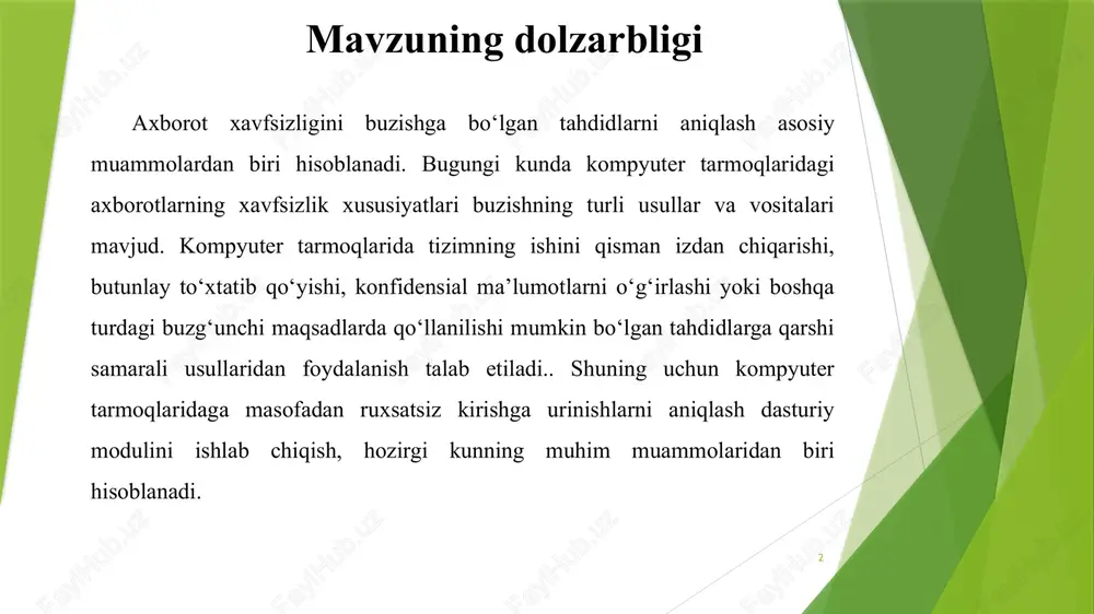 siz o‘zgartirilishi; - ishlash qobilyatiga salbiy ta’sirlar; - dasturiy (virusli) tahdidlar. axborot tizimi ichida uzatilayotgan ma’lumotlar. - axborot tizimidagi ma’lumotlar oqimining ochilishi; - axborot tizimidagi ma’lumotlar oqimining almashtirilishi. kommunikatsiya qurilmalari(kq). - kq ichidagi dasturiy ta’minotning buzilishi hamda kq va unga ulangan kompyuterlarning ishdan chiqarilishi; - paketlarni noto‘g‘ri manzilga jo‘natilishi, ularning yo‘qotilishi, hamda almashib qolishi; - kq uzatayotgan paketlarga viruslarning joylashtrilishi; - tarmoq foydalanuvchilari almashayotgan ma’lumotlarning xususiyatlarini aniqlash maqsadida foydalanuvchilar faolligini nazorat qilish. tizimlararo axborot almashish tizimlari (elektron pochta). - jo‘natuvchilarning yolg‘on manzillari; - xatlar va jo‘natmalarni kuzatib o‘qib borish; - pochta bombalari. 4 5 korporativ tarmoqlarda quydagi zaifliklar mavjud bo‘lganda hujumlar amalga oshirilishi mumkin: - axborot tizimi va ma’lumot uzatish tarmog‘i qurilmalarining himoyasi mavjud tahdidlarga mos emasigi; - ma’lumotlarning tizim doirasida ochiq holda uzatilishi; - ma’lumotlarning tizim doirasida keng qamrovli etkazish protokollari yordamida tarqalishi; - foydalanish imkoniyatlarini boshqarish dasturlardagi sozlanmalar hamda texnik ko‘rsatmalardagi xatoliklar; - shifrlash uchun etarli darajada muhim …
