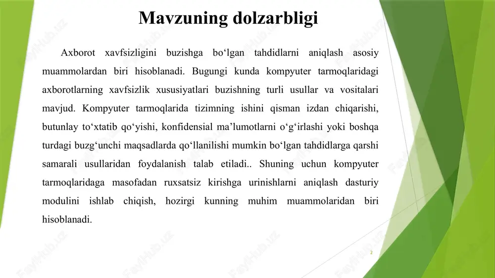 siz o‘zgartirilishi; - ishlash qobilyatiga salbiy ta’sirlar; - dasturiy (virusli) tahdidlar. axborot tizimi ichida uzatilayotgan ma’lumotlar. - axborot tizimidagi ma’lumotlar oqimining ochilishi; - axborot tizimidagi ma’lumotlar oqimining almashtirilishi. kommunikatsiya qurilmalari(kq). - kq ichidagi dasturiy ta’minotning buzilishi hamda kq va unga ulangan kompyuterlarning ishdan chiqarilishi; - paketlarni noto‘g‘ri manzilga jo‘natilishi, ularning yo‘qotilishi, hamda almashib qolishi; - kq uzatayotgan paketlarga viruslarning joylashtrilishi; - tarmoq foydalanuvchilari almashayotgan ma’lumotlarning xususiyatlarini aniqlash maqsadida foydalanuvchilar faolligini nazorat qilish. tizimlararo axborot almashish tizimlari (elektron pochta). - jo‘natuvchilarning yolg‘on manzillari; - xatlar va jo‘natmalarni kuzatib o‘qib borish; - pochta bombalari. 4 5 korporativ tarmoqlarda quydagi zaifliklar mavjud bo‘lganda hujumlar amalga oshirilishi mumkin: - axborot tizimi va ma’lumot uzatish tarmog‘i qurilmalarining himoyasi mavjud tahdidlarga mos emasigi; - ma’lumotlarning tizim doirasida ochiq holda uzatilishi; - ma’lumotlarning tizim doirasida keng qamrovli etkazish protokollari yordamida tarqalishi; - foydalanish imkoniyatlarini boshqarish dasturlardagi sozlanmalar hamda texnik ko‘rsatmalardagi xatoliklar; - shifrlash uchun etarli darajada muhim …
