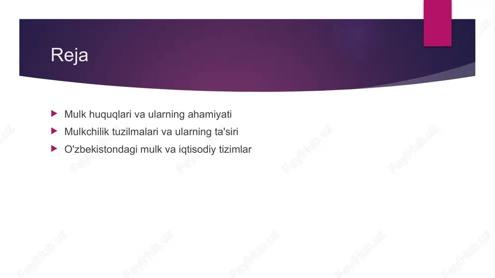 rivojlanish mulk huquqlari tizimini yaxshilash o'zbekiston iqtisodiyoti uchun yangi imkoniyatlar yaratishi mumkin, bu esa sarmoyalarni jalb qilish va ijtimoiy barqarorlikni oshirishga yordam beradi. mulk huquqlari va ijtimoiy adolat: o'zaro aloqalar. 1 mulk huquqlari va adolat mulk huquqlari va ijtimoiy adolat o'rtasidagi bog'lanish, ijtimoiy tenglikni ta'minlash va resurslardan adolatli foydalanishni nazarda tutadi. 2 o'zbekiston misoli o'zbekistonda mulk huquqlari, ijtimoiy adolatga erishish uchun muhim ahamiyatga ega. mulk huquqlari ta'siri bilan iqtisodiy va ijtimoiy barqarorlik oshmoqda. 3 ijtimoiy tenglik mulk huquqlari, resurslarga teng kirishni ta'minlab, ijtimoiy tenglikni oshiradi. bu, o'z navbatida, ijtimoiy barqarorlik va taraqqiyotga yordam beradi. mulkchilik tizimlari: o'zbekiston misolida tarixiy rivojlanish. 1 tarixiy kontekst o'zbekistonda mulkchilik tizimlari qadimgi davrlarga borib taqaladi, ularning rivojlanishi mamlakatning siyosiy va iqtisodiy tarixiga bog'liq. 2 mulkchilik turlari o'zbekistonda davlat, xususiy va kooperativ mulkchilik tizimlari mavjud bo'lib, har birining o'ziga xos xususiyatlari va rivojlanish yo'nalishlari mavjud. 3 o'zgarishlar jarayoni mustaqillikdan so'ng, o'zbekistonda mulkchilik tizimlari tubdan o'zgardi, bozor …