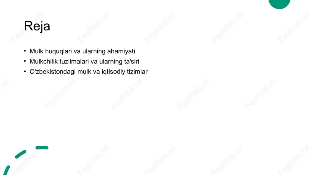lash va yangi ish o'rinlarini yaratishga xizmat qiladi. o'zbekistonda mulk huquqlari: muammolar va imkoniyatlar. 1 mulk huquqlari muammolari o'zbekistonda mulk huquqlari tizimi hali ham rivojlanmoqda, bu esa korruptsiya, notekis taqsimot va qonunbuzarliklar kabi muammolarni keltirib chiqaradi. 2 mulk huquqlarini himoya qilish mulk huquqlarini himoya qilish uchun yuridik tizimni mustahkamlash zarur. qonunchilik va amaliyot o'rtasidagi farq ko'plab muammolarni keltirib chiqaradi. 3 imkoniyatlar va rivojlanish mulk huquqlari tizimini yaxshilash o'zbekiston iqtisodiyoti uchun yangi imkoniyatlar yaratishi mumkin, bu esa sarmoyalarni jalb qilish va ijtimoiy barqarorlikni oshirishga yordam beradi. mulk huquqlarini himoya qilish: qonun va amaliyot. mulk huquqlarini himoya qilish qonuniy va amaliy jihatdan muhimdir. o'zbekistondagi mulk huquqlari qonunlari mulk egalari uchun himoya mexanizmlarini ta'minlaydi. bu qonunlar iqtisodiy barqarorlikni ta'minlashda va ijtimoiy adolatni saqlashda muhim rol o'ynaydi. - mulk huquqlarining muhimligi. - qonuniy himoya mexanizmlari. - ijtimoiy va iqtisodiy ta'sirlar. photo by giammarco boscaro on unsplash mulk huquqlari va ijtimoiy adolat: o'zaro aloqalar. 1 …