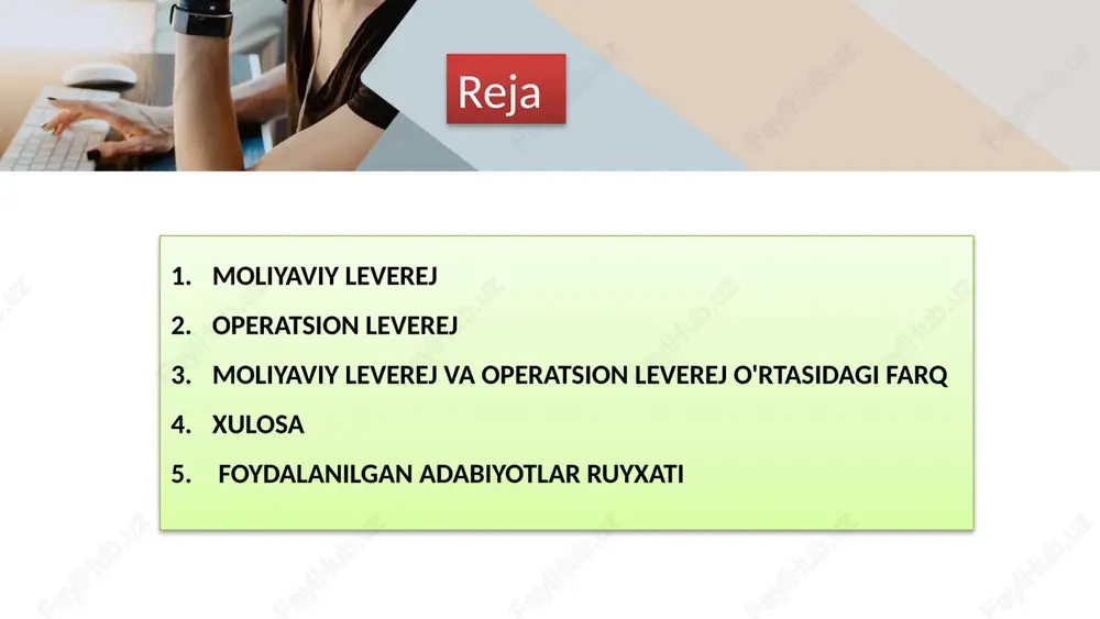 ditlarni, obligatsiyalarni, bank kreditlarini qo‘llash orqali kompaniyaning qo‘shimcha mablag‘larni olish imkoniyati) aniqlanadi. moliyaviy leverejni oshirish bilan kapital leverejni ko‘payadi, ammo bu muammolar kompaniyaning qarzdorlik miqdori va moliyaviy risklari ko‘payadi. kapital leverejni baholashda, moliyaviy hisob-kitoblar, moliyaviy yoki moliyaviy olamda moliyaviy ma'lumotlar, kredit daromadlari va mablag‘larni qo‘llashning o‘zgaruvchilari (qarzdorlik darajasi, kredit muddatlari va qo‘shimcha qarzlar) ko‘rsatkichlar sifatida qo‘llaniladi. moliyaviy leverejni baholashda, bu konseptning tushunish uchun muhim ko‘rsatkichlar mavjud bo‘ladi. bu tushunchalar kompaniyaning moliyaviy tahlili, xavf va foydalanish ko‘rsatkichlari yordamida aniqlanadi. kapital leverejni qanday aniqlash mumkin this presentation uses a free template provided by fppt.com www.free-power-point-templates.com 4 moliyaviy leverejni baholashda qanday ko‘rsatkichlar muhimdir qarzdorlik darajasi: qarzdorlik darajasi, yani kompaniyaning qarzdorlik miqdori moliyaviy leverejni baholashda muhim ko‘rsatkichdir. qanday miqdorda qarz mablag‘lardan foydalanilishi, qarzdorlik darajasini belgilaydi va moliyaviy xavfni ko‘rsatadi. kredit muddatlari: kredit muddatlari, kompaniyaning qarzlarini qanday muddatga olishi yoki qaytarishi mumkinligini ifodalaydi. ushbu muddatlar kompaniyaning moliyaviy muvofiqligini va qarzdorlik miqdorini ta'sir etishi mumkin. moliyaviy …