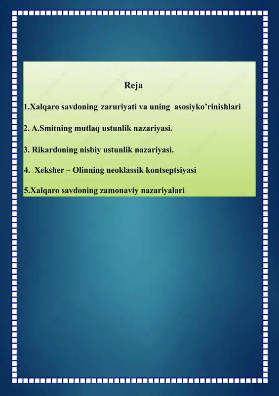 tini aniqlaydi. 90-yillarning boshlarida xalqaro savdo hajmi aqshda yalpi milliy mahsulotning 16-18 foizini, germaniyada 30-39 foizini tashkil etdi. shu davrda o’zbekiston yalpi milliy mahsulotida tashqi savdoning ulushi 10-12 foiz atrofida bo’ldi. tashqi savdo xalqaro ayirboshlashning an’anaviy shakli sifatida quyidagi ko’rinishlarni o’z ichiga oladi: mahsulotlarni ayirboshlash: yoqilg’i-xom ashyo mahsulotlari, qishloq xo’jaligi mahsulotlari, sanoat mahsulotlari; xizmatlarni ayirboshlash: muhandislik-maslahat xizmatlari; transport xizmatlari, sayyohlik va boshqa xizmatlar. hozirgi vaqtda xizmatlarning jahon eksportidagi hissasi 30 foizdan oshib ketdi; yangi ilmiy-texnik ma’lumotlarni ayirboshlash: litsenziyalar va «nou- xou»lar. ular hissasiga xalqaro savdo aylanmasining 10 foiziga yaqini to’g’ri keladi. xalqaro savdo mahsulotlari, xizmatlar va fan-texnika ma’lumotlarini ayirboshlashning barcha ko’rinishlari tashqi savdo operatsiyalari yordamida amalga oshiriladi. ular o’z navbatida eksport, import, reeksport va reimport operatsiyalariga bo’linadi. eksport operatsiyasi - mahsulotlarni chet mamlakatlarga chiqarish. import operatsiyasi - mahsulotni xorijiy sherikdan sotib olish va uni mamlakatga olib kelish. reeksport operatsiyasi - avval import qilingan va qayta ishlov berilmagan mahsulotni chet elga …