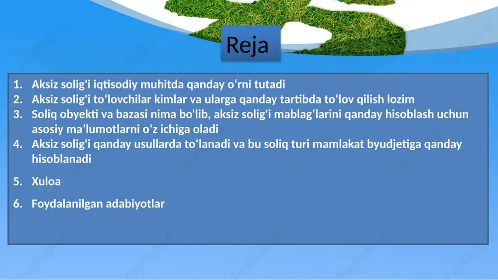in. soliqlarning qulayligi va aniq usullari investitsiyalarni jalb qilish uchun muhim ahamiyatga ega bo'lishi mumkin. this presentation uses a free template provided by fppt.com www.free-power-point-templates.com aksiz solig'i to‘lovchilariga quyidagi tushunchalar maqbul bo‘ladi: import/eksport ishlab chiqaruvchilar: mamlakatdan maxsus tovarlar eksport qiluvchi tadbirkorlar yoki sotishga olib kelgan import tovarlarni sotuvchilar soliqni to‘lashlari lozim. tijorat markazlari va do'konlar: tijorat markazlari, do'konlar va sotuvchilar xizmat yoki mahsulotlarni sotish paytida o‘zlariga tegishli import/eksport soliqini to‘lashlari talab etiladi. import/eksport qilish shartnomalari bo‘yicha agentliklar yoki kompaniyalar: shartnomalar ustida ishlaydigan agentliklar yoki kompaniyalar o‘zlariga tegishli import/eksport soliqini to‘lashlari bilan majburlangan. shaxsiy foydalanuvchilar: ba'zi mamlakatlarda bazi xizmatlar uchun soliq shaxsiy sotuvlar, onlayn xaridlar yoki boshqa tashqi sotishlar uchun ham to‘lanadi. aksiz solig'i to‘lovchilari xizmatlari yoki tovarlari boyicha soliq to‘lash tartibi mamlakatning qonun va qoidalariga muvofiq o‘zgartirilishi mumkin bo‘lgan bir konseptdir. bunda import/eksport qiluvchilar o‘zlarining faoliyatining turi va hajmi, mamlakatning soliq qonunlariga va hisob-kitob tartibiga bog‘liq qoidalar bo‘yicha soliqni to‘lashlari …