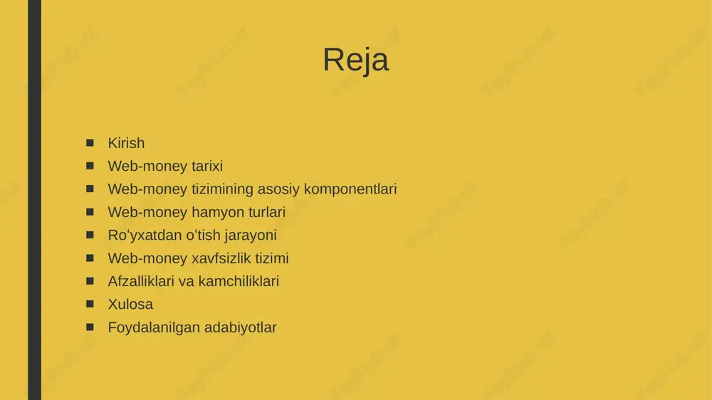rse): har bir wmid ichida turli valyutalardagi elektron hamyonlar yaratiladi (masalan, wmz – dollar, wmr – rubl). har bir hamyon o‘z valyutasi bo‘yicha ishlaydi va alohida raqamga ega bo‘ladi. webmoney keeper: bu web-money hisobini boshqarish uchun ishlatiladigan dastur yoki mobil ilova. u orqali foydalanuvchi hamyonini kuzatishi, pul yuborishi va qabul qilishi, to‘lovlarni amalga oshirishi mumkin. identifikatsiya tizimi: foydalanuvchining shaxsiy ma’lumotlarini tekshirish va tasdiqlash tizimi. bu xavfsizlikni oshirish uchun muhim bo‘lgan jarayon bo‘lib, ayrim funksiyalar faqat identifikatsiyadan o‘tgan foydalanuvchilar uchun ochiladi. verifikatsiya markazlari va agentlar: web-money tizimi dunyo bo‘ylab xizmat ko‘rsatadigan ko‘plab rasmiy agentlar bilan ishlaydi. ular orqali naqd pulni hisobga tushirish yoki yechib olish mumkin. web-money hamyon turlari web-money tizimida har bir foydalanuvchi turli valyutalarda alohida hamyonlar yaratishi mumkin. har bir hamyon ma’lum valyutaga mos keladi va maxsus belgi bilan ifodalanadi: wmz – aqsh dollari uchun wme – yevro uchun wmr – rossiya rubli uchun wmu – ukraina grivnasi uchun …