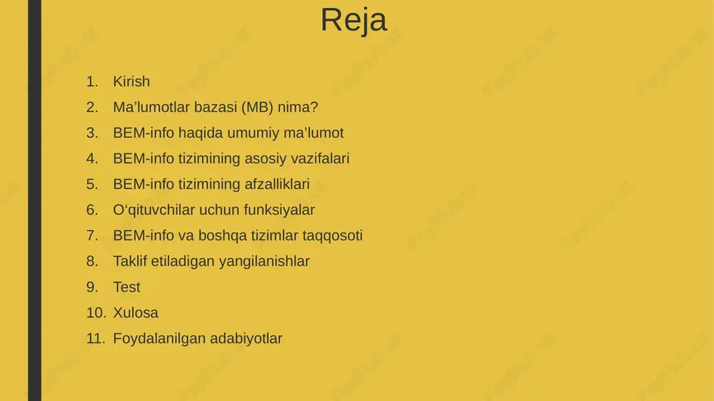server xulosa: ma’lumotlar bazasi har qanday axborot tizimining yuragi hisoblanadi. bem-info kabi tizimlar ana shu bazalarga asoslanadi. bem-info haqida umumiy ma’lumot bem-info — bu oliy ta’lim muassasalarida talabalarning o‘quv faoliyatini elektron tarzda boshqarish va monitoring qilish uchun mo‘ljallangan axborot tizimidir. bem-info tizimining asosiy maqsadi: talabalar haqida barcha zaruriy ma’lumotlarni markazlashtirilgan holda saqlash va boshqarish. asosiy funksiyalari: reyting va baholash tizimi talabalarning hujjatlarini yuritish akademik qarzdorlikni aniqlash statistik va tahliliy hisobotlar shakllantirish qamrab oladigan foydalanuvchilar: talabalar o‘qituvchilar fakultet dekanati universitet ma’muriyati eslatma: bem-info tizimi orqali o‘quv jarayonining shaffofligi va samaradorligi oshiriladi. bem-info tizimining asosiy vazifalari 📌 bem-info tizimi quyidagi asosiy vazifalarni bajaradi: talabalar ma’lumotlarini boshqarish shaxsiy ma’lumotlar, kurslar, hujjatlar va akademik holatni saqlash. baholash va reytingni hisoblash fanlar bo‘yicha baholarni kiritish, umumiy reytinglarni avtomatik hisoblash. statistik tahlil va hisobotlar shakllantirish kurslar, talabalar, baholash natijalari bo‘yicha grafik va jadvallar. o‘quv jarayonini monitoring qilish darsga qatnashuv, topshiriqlarning bajarilishi, akademik qarzdorlik nazorati. elektron hujjatlar …