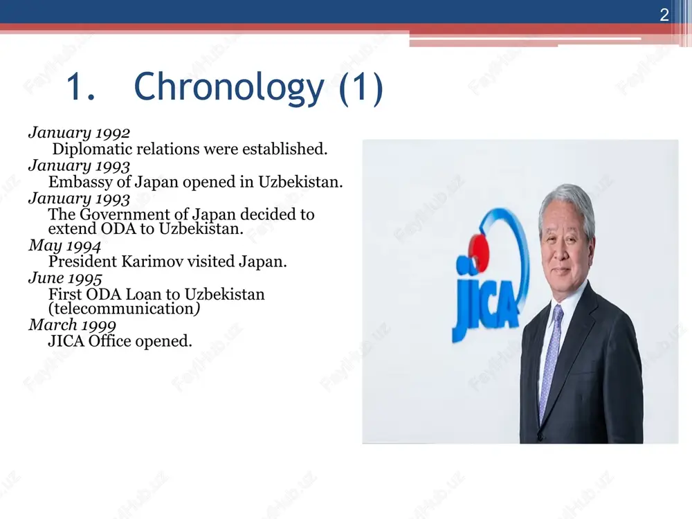 gy (6) pm koizumi’s visit to uzbekistan (2006) joint press statement democracy, market economy, increased social security levels, human rights economic cooperation in the private sector * * 2. priority areas in the county assistance program (1) (1) support for human resources development and institution building to facilitate a market economy and develop economy and industry (2) support for restructuring the social sector (a) agriculture reform and rural development (b) education sector reform (c) health sector reform (d) environmental protection and disaster management (3) renovation and improvement of economic infrastructure (transport and energy) (4) promotion of intra-regional cooperation * * 2. priority areas in the county assistance program (2) (on-going projects) (1)support for human resources development and institution building to facilitate a market economy and develop economy uzbekistan-japan center for human resources development (phase ii) (technical cooperation project) (2005-2010) human resources development scholarship program (jds grant, usd 2.6 million in …